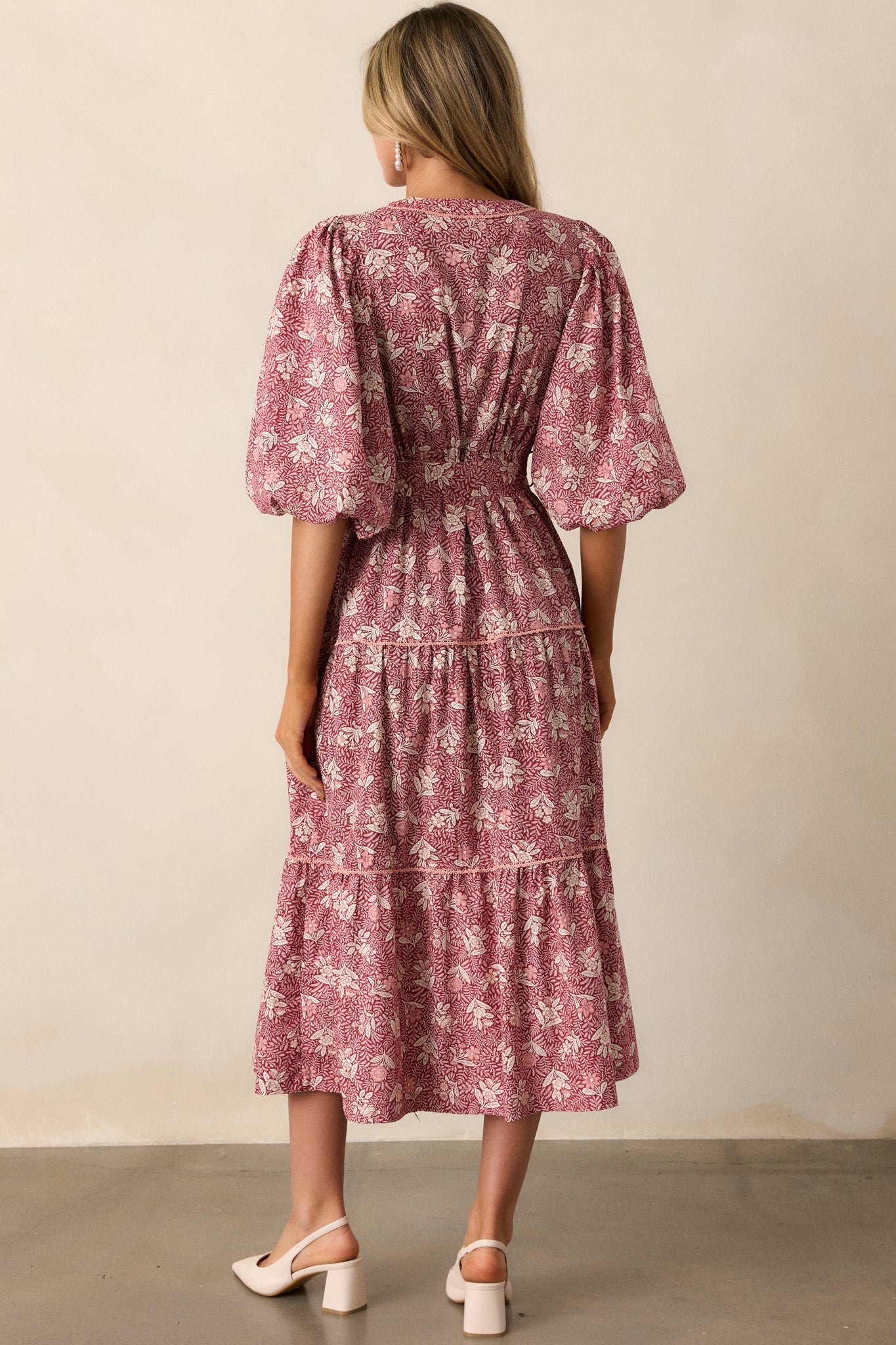Rustic Allure 100% Cotton Dark Sangria Floral Midi Dress