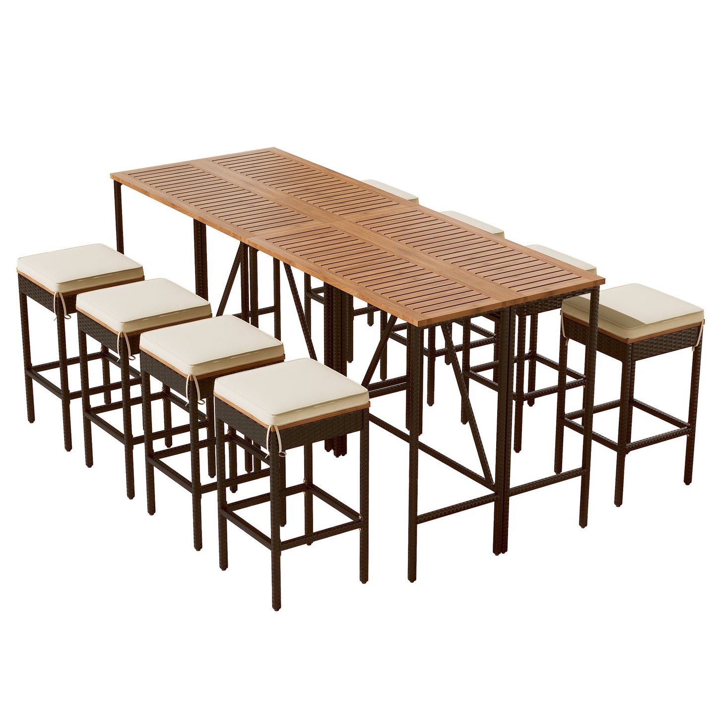 10-Piece Outdoor Acacia Wood Set with Bar Height Table And 8 Stool