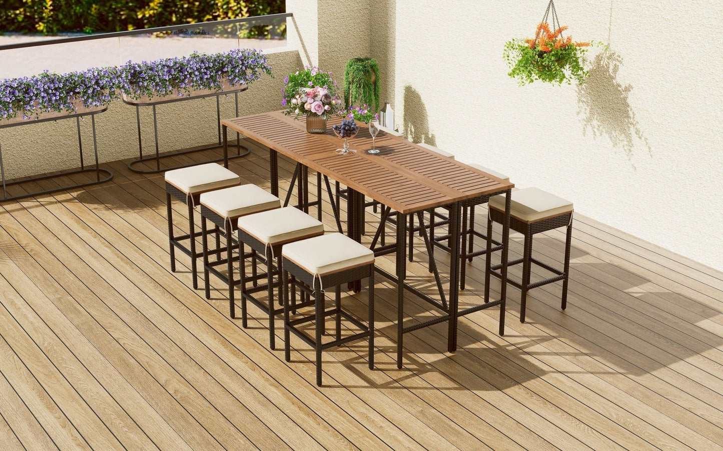 10-Piece Outdoor Acacia Wood Set with Bar Height Table And 8 Stool