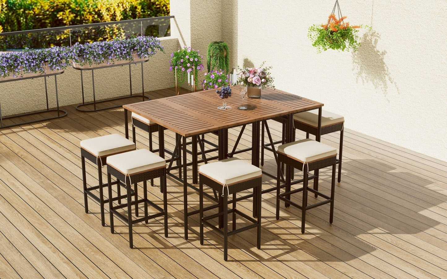 10-Piece Outdoor Acacia Wood Set with Bar Height Table And 8 Stool