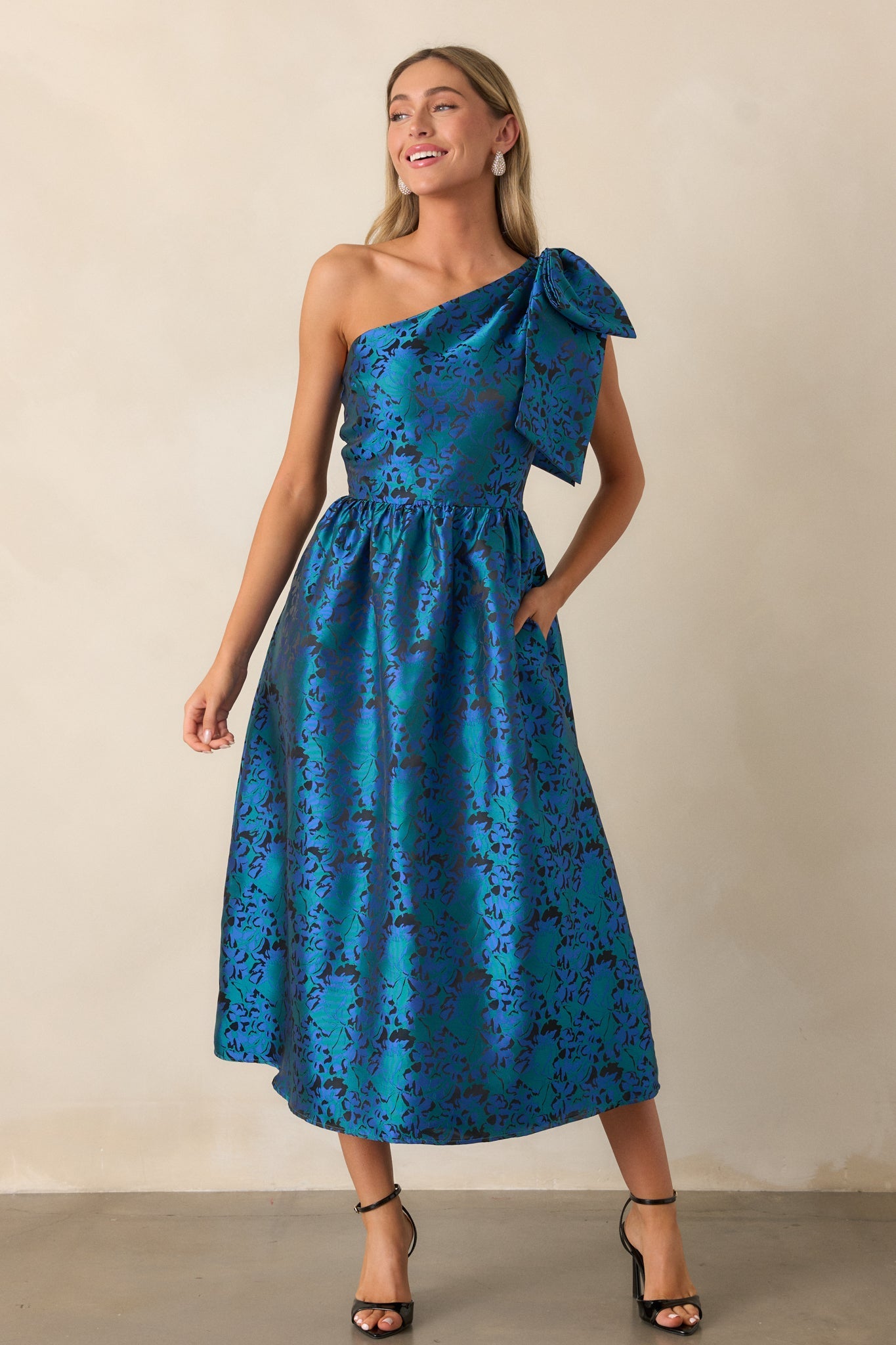 Midnight Toasts Blue Jacquard One Shoulder Midi Dress