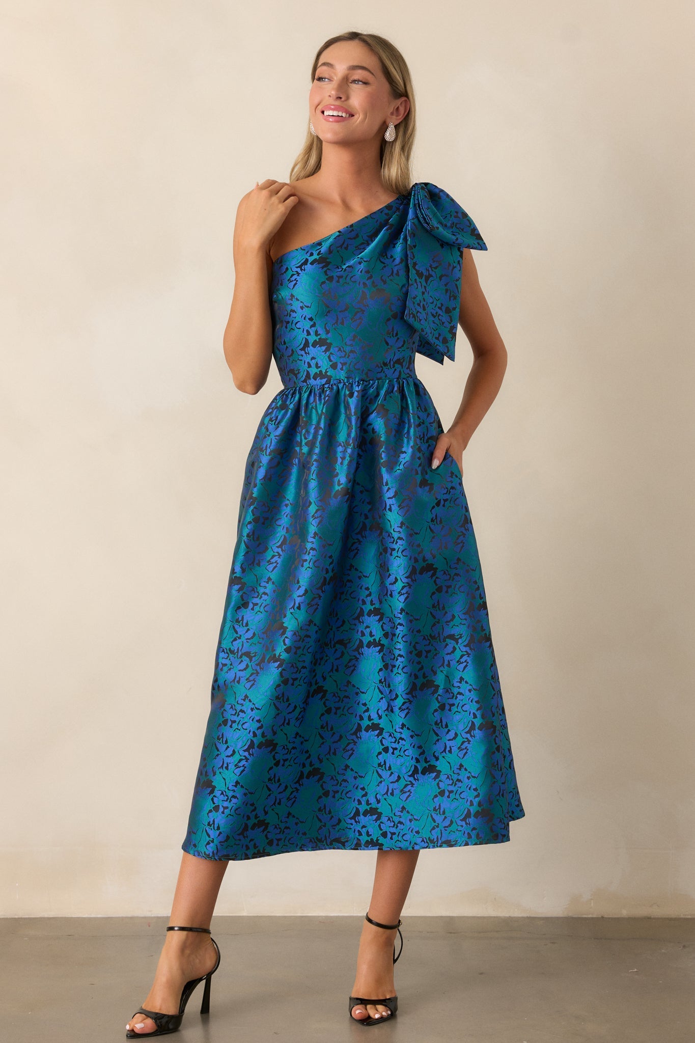 Midnight Toasts Blue Jacquard One Shoulder Midi Dress