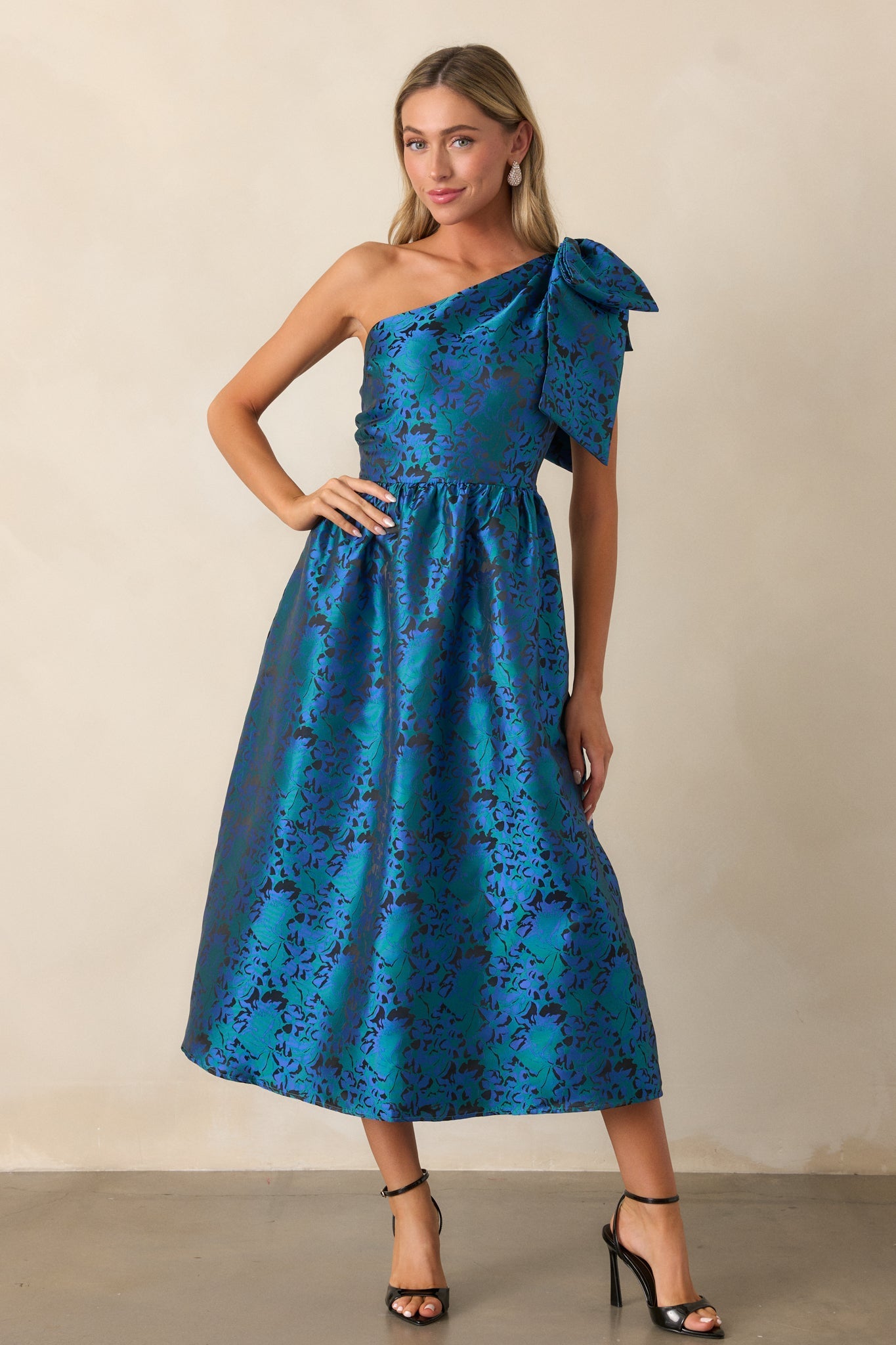 Midnight Toasts Blue Jacquard One Shoulder Midi Dress