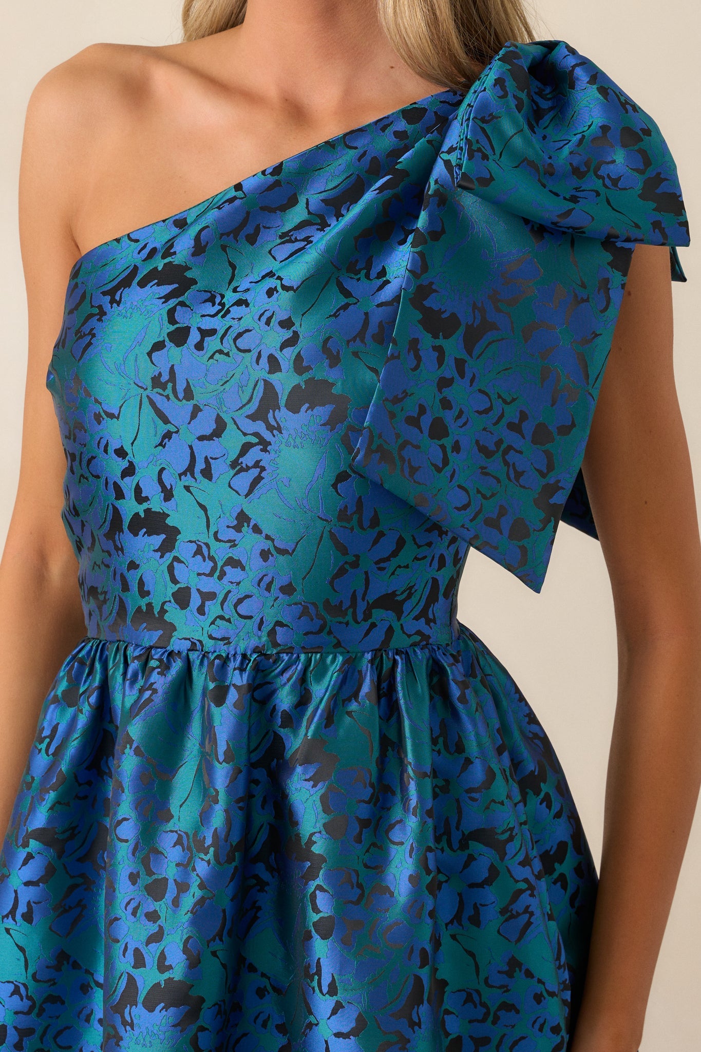 Midnight Toasts Blue Jacquard One Shoulder Midi Dress