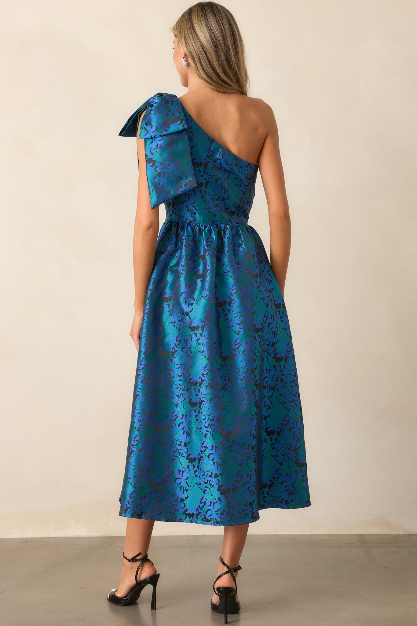 Midnight Toasts Blue Jacquard One Shoulder Midi Dress