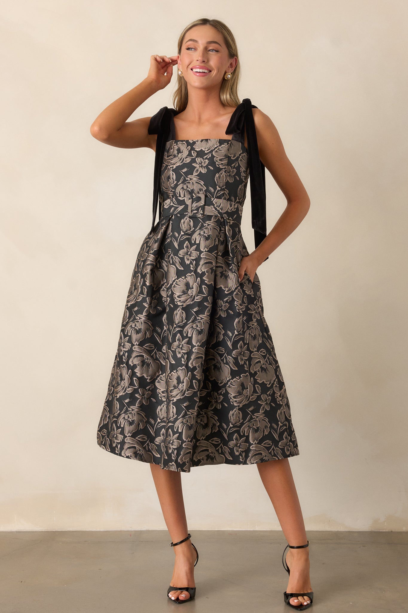 Sweet Disposition Black Floral Jacquard Midi Dress