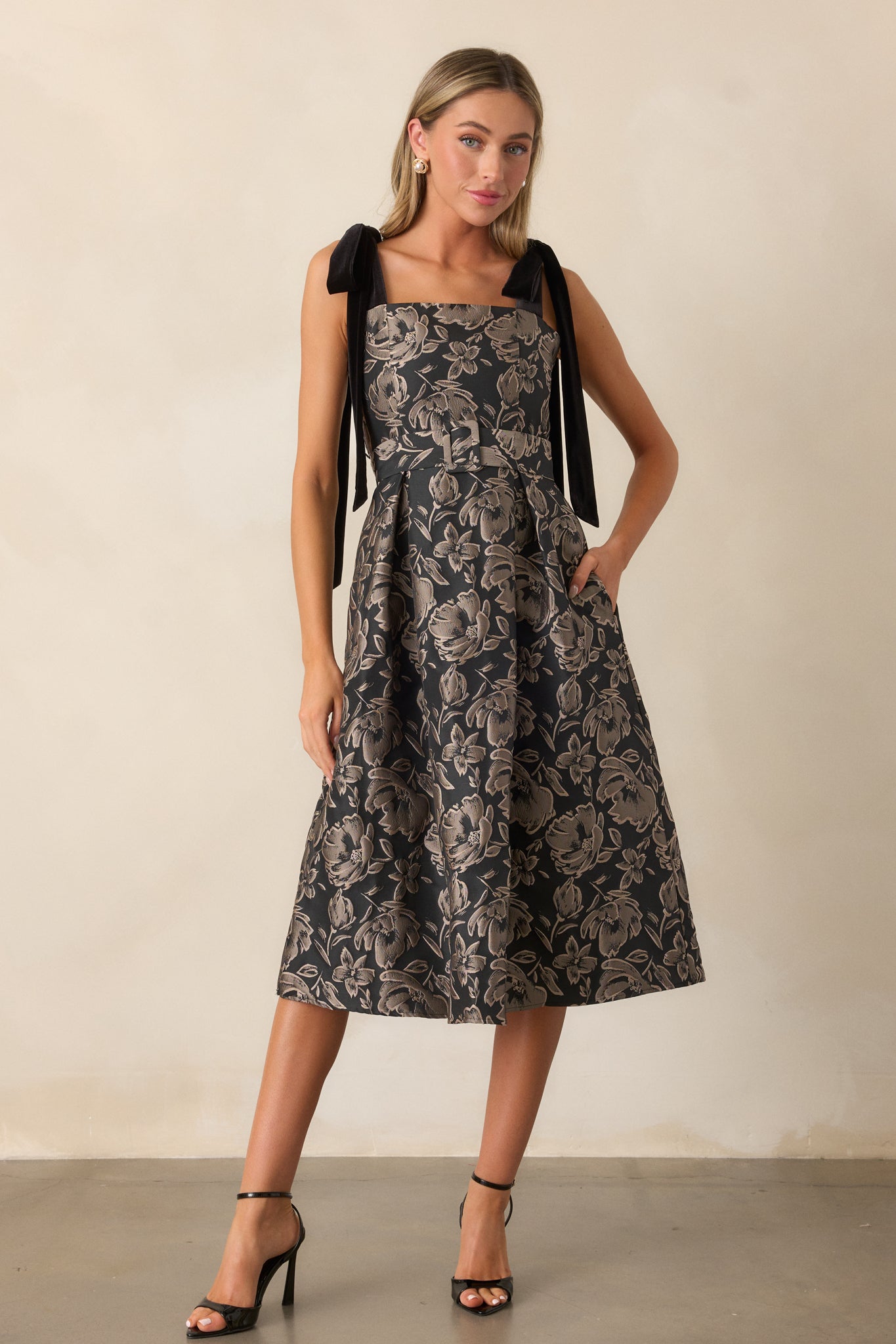 Sweet Disposition Black Floral Jacquard Midi Dress