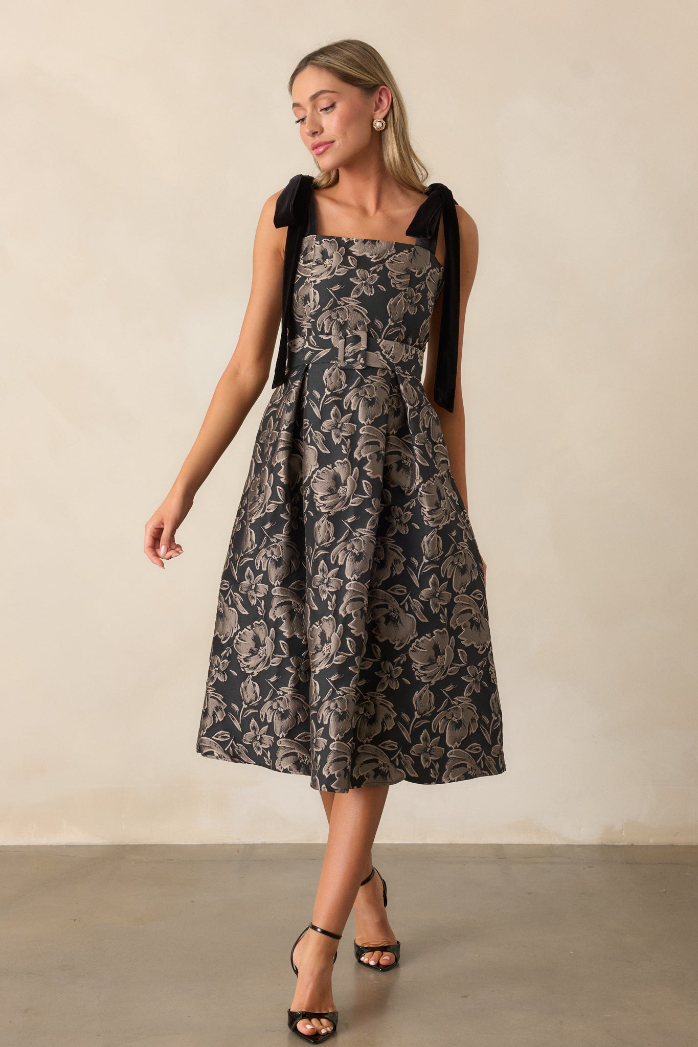 Sweet Disposition Black Floral Jacquard Midi Dress