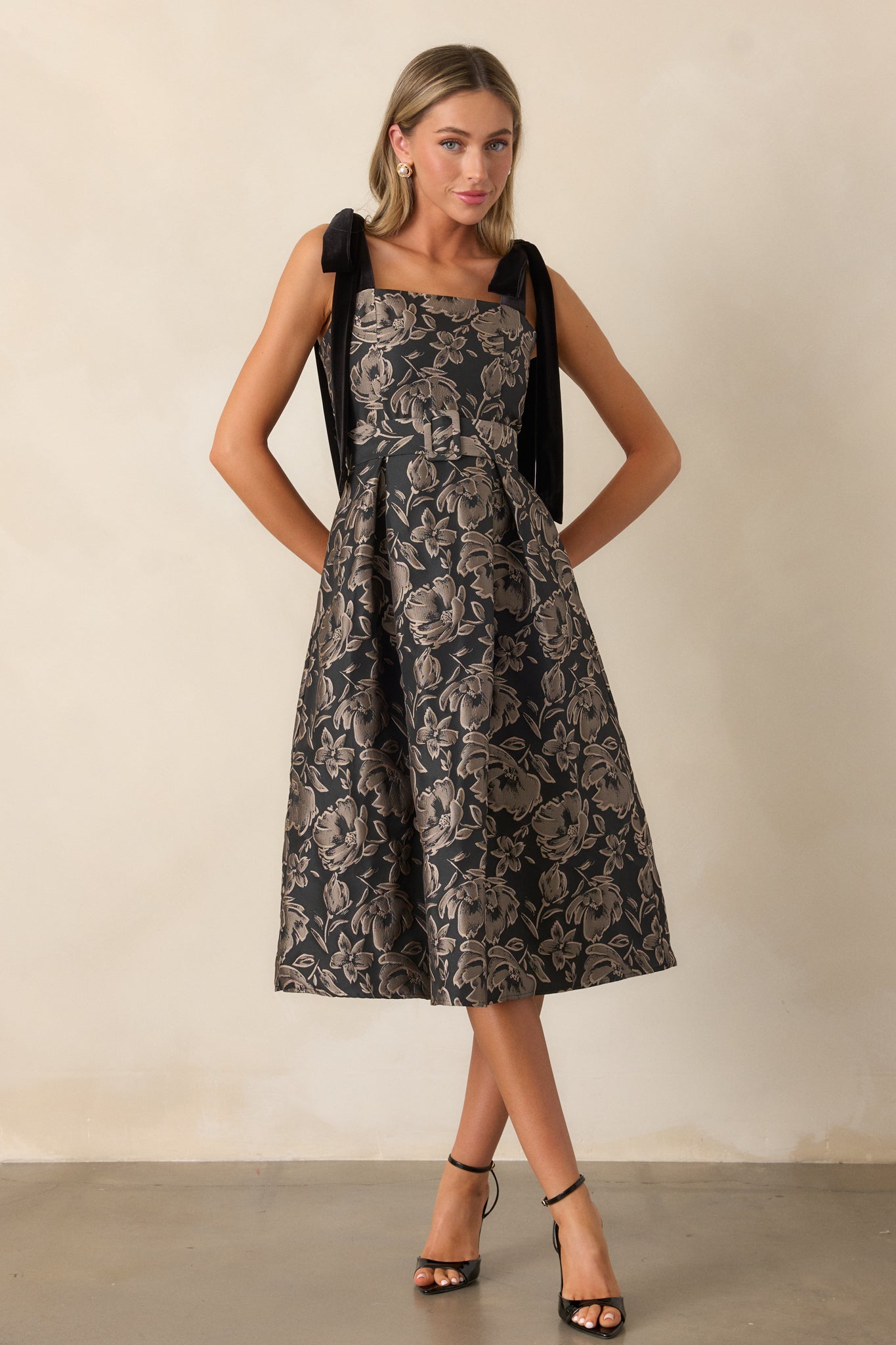 Sweet Disposition Black Floral Jacquard Midi Dress