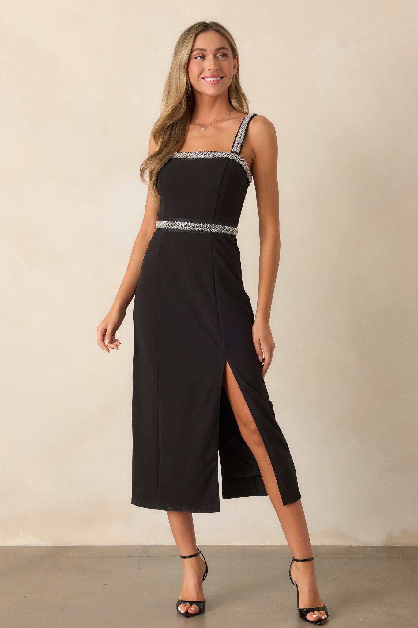 Once Again Black Beaded Midi Dress