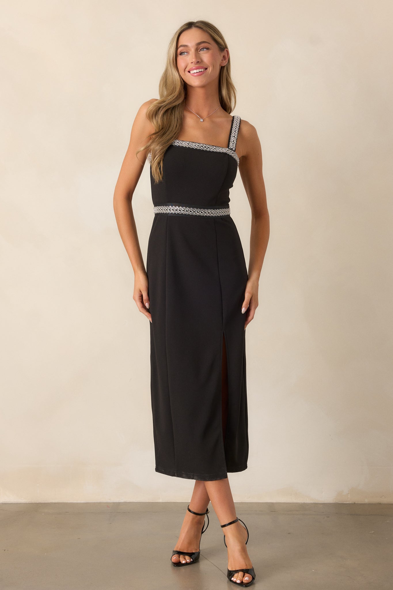 Once Again Black Beaded Midi Dress
