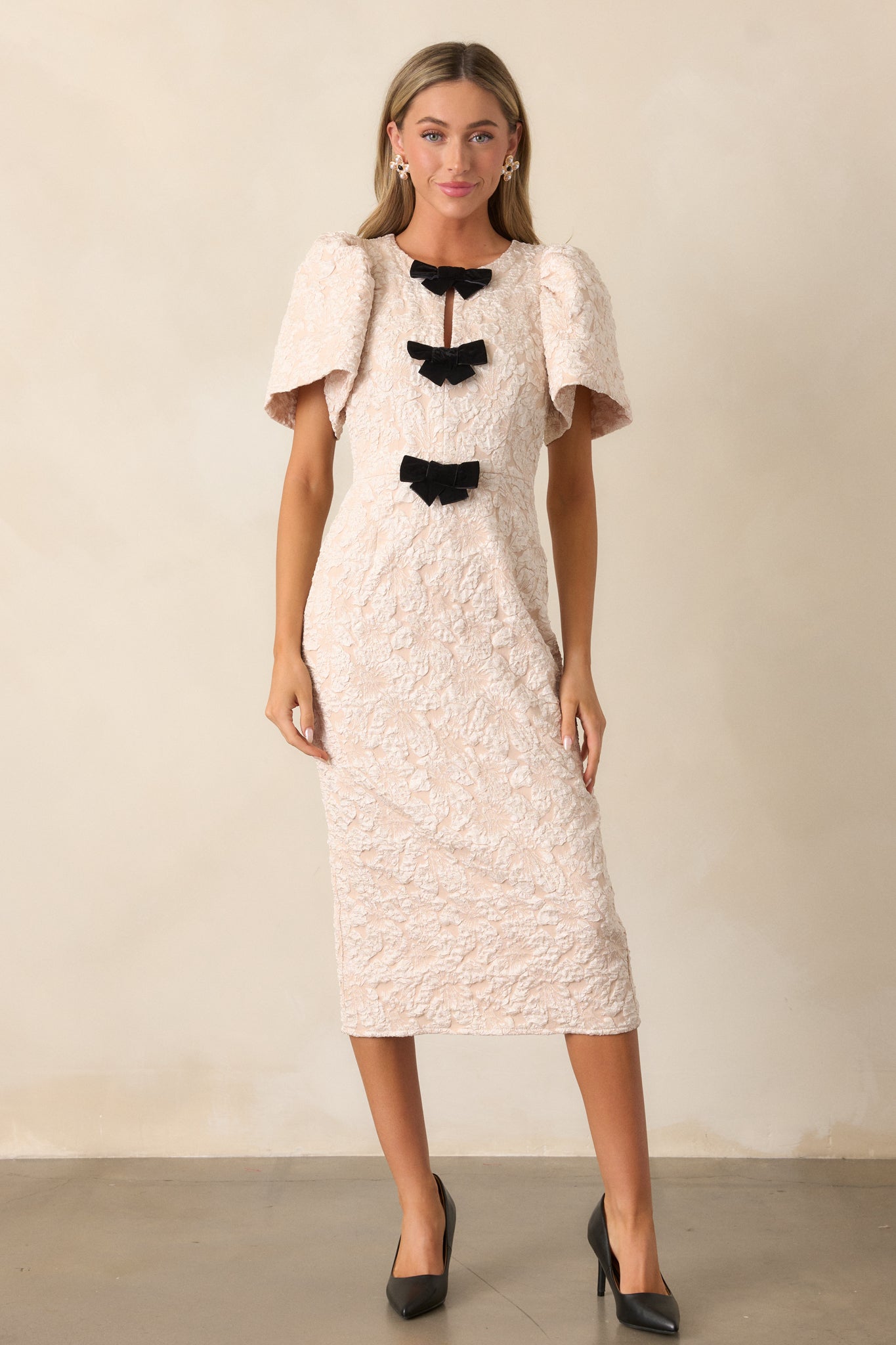 Simple Times Ecru Jacquard Midi Dress