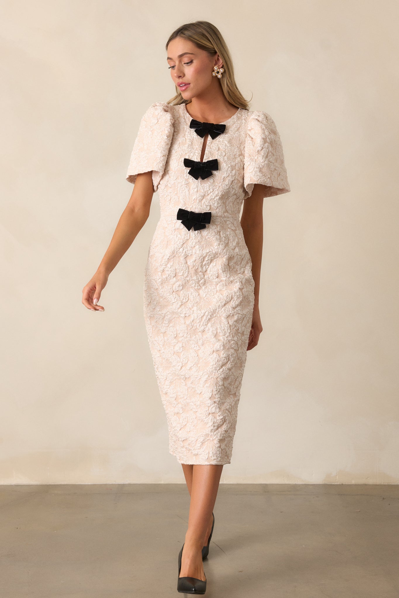 Simple Times Ecru Jacquard Midi Dress