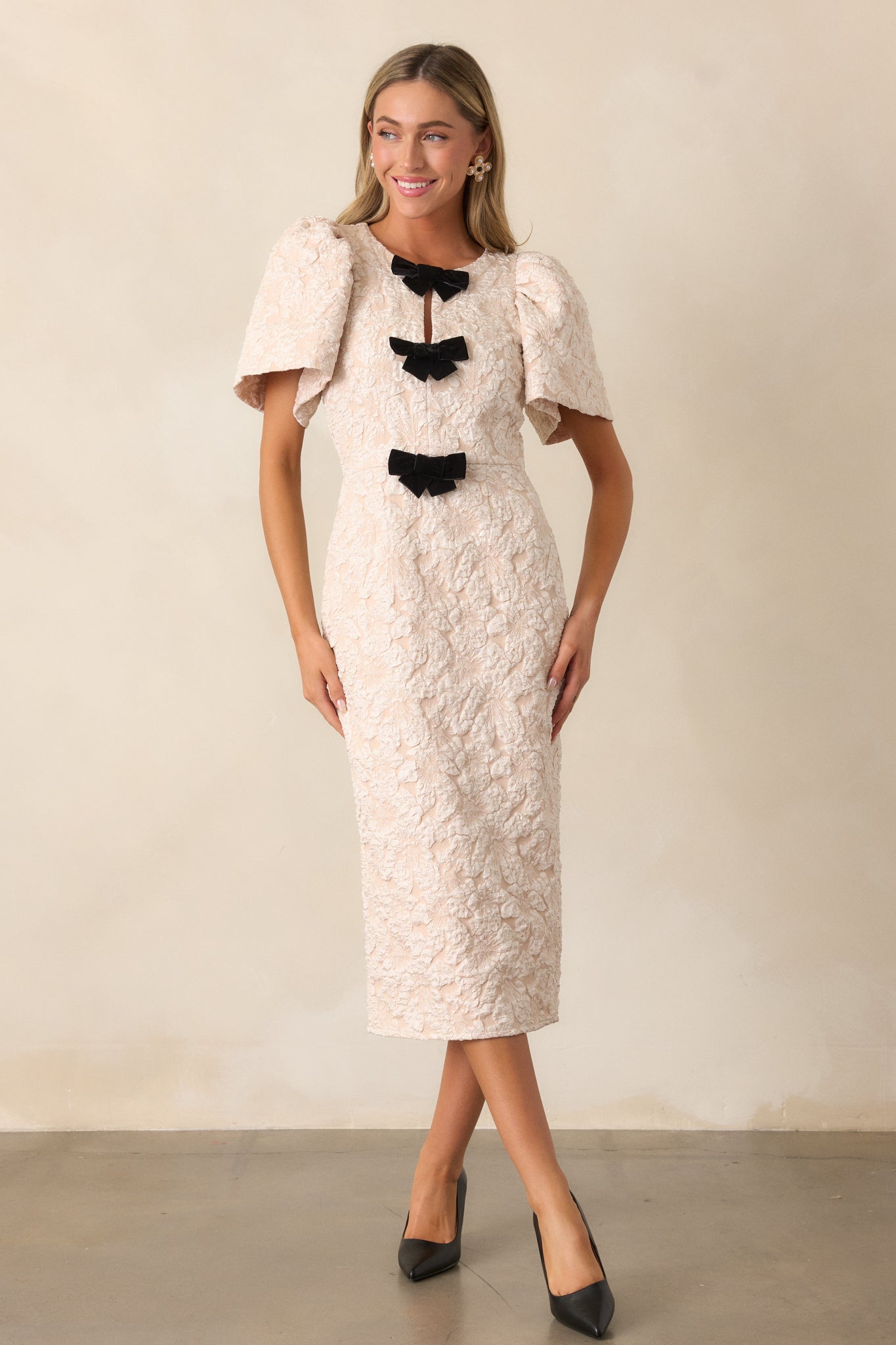 Simple Times Ecru Jacquard Midi Dress