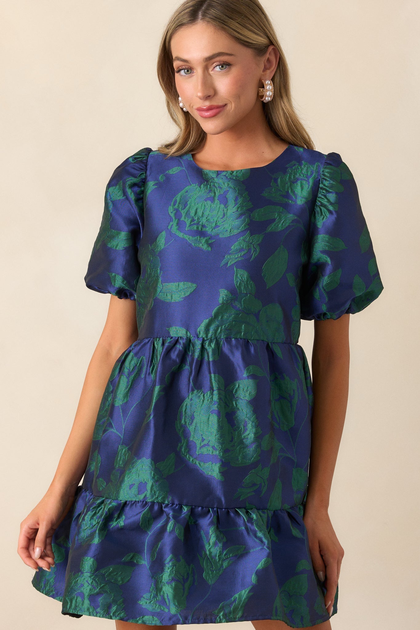 Making It Shine Midnight Blue Floral Jacquard Mini Dress