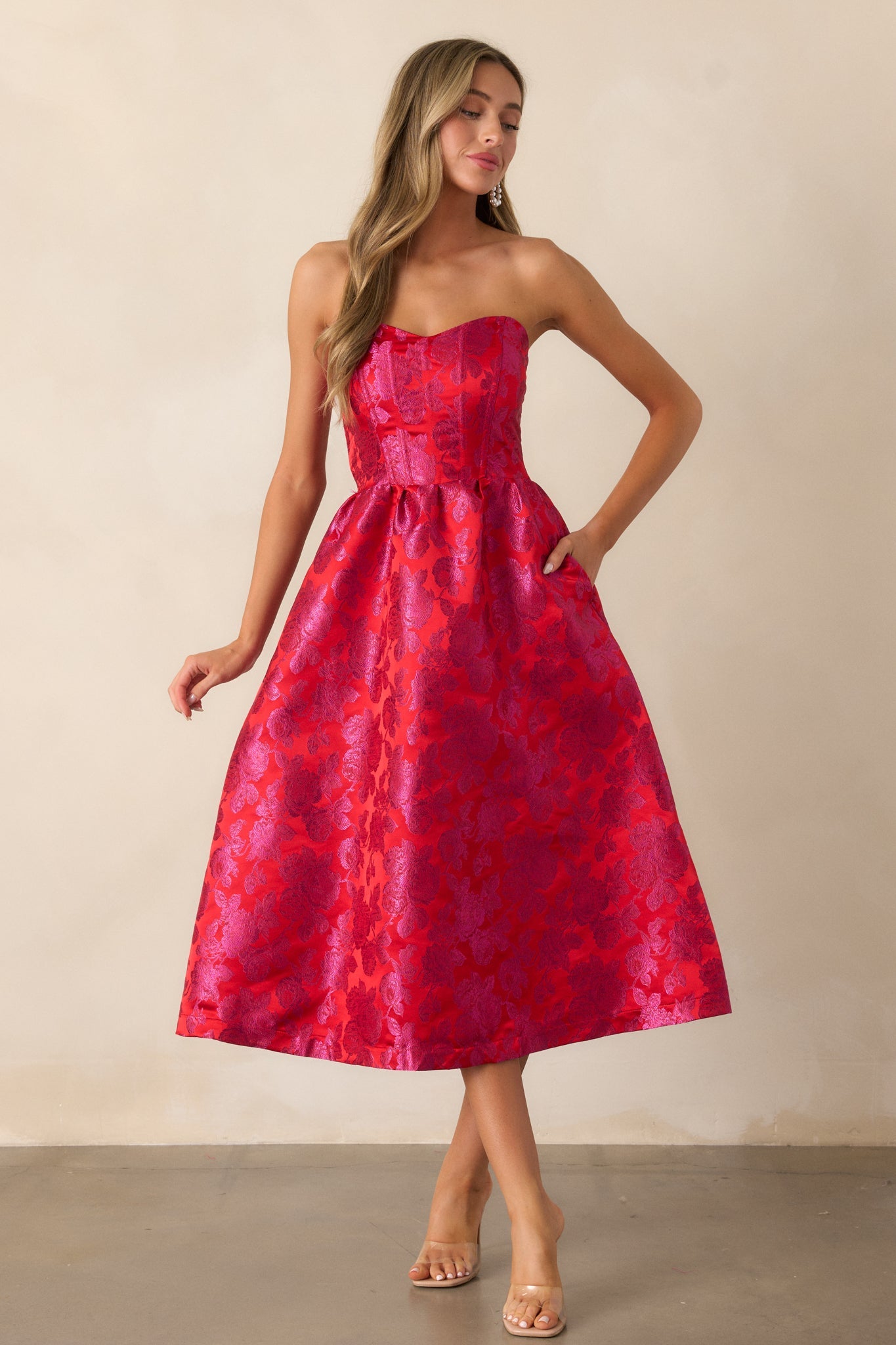 Midnight Magic Red & Pink Jacquard Midi Dress