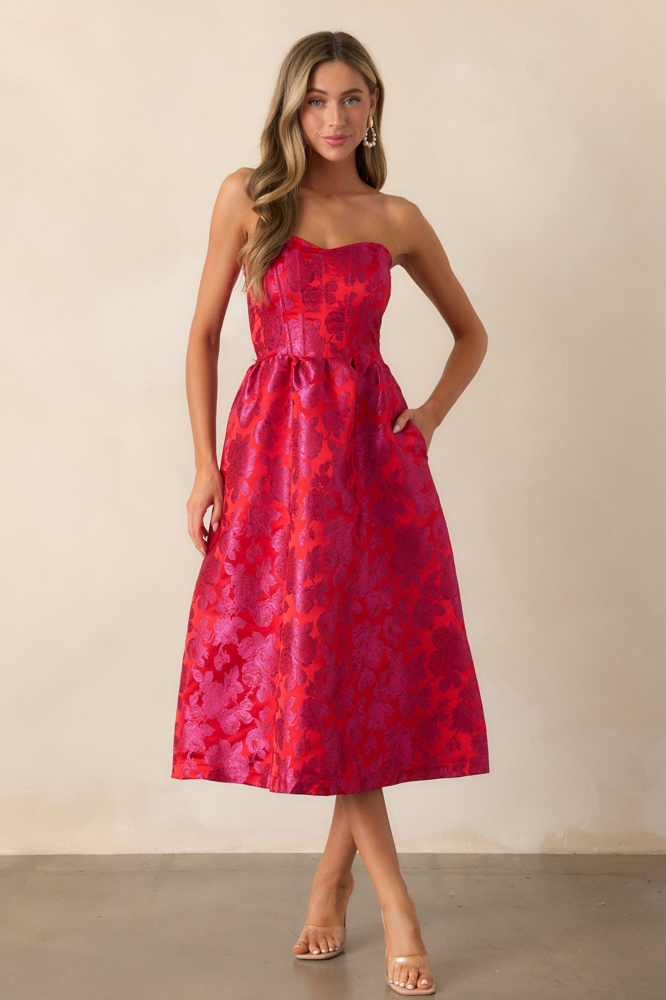 Midnight Magic Red & Pink Jacquard Midi Dress
