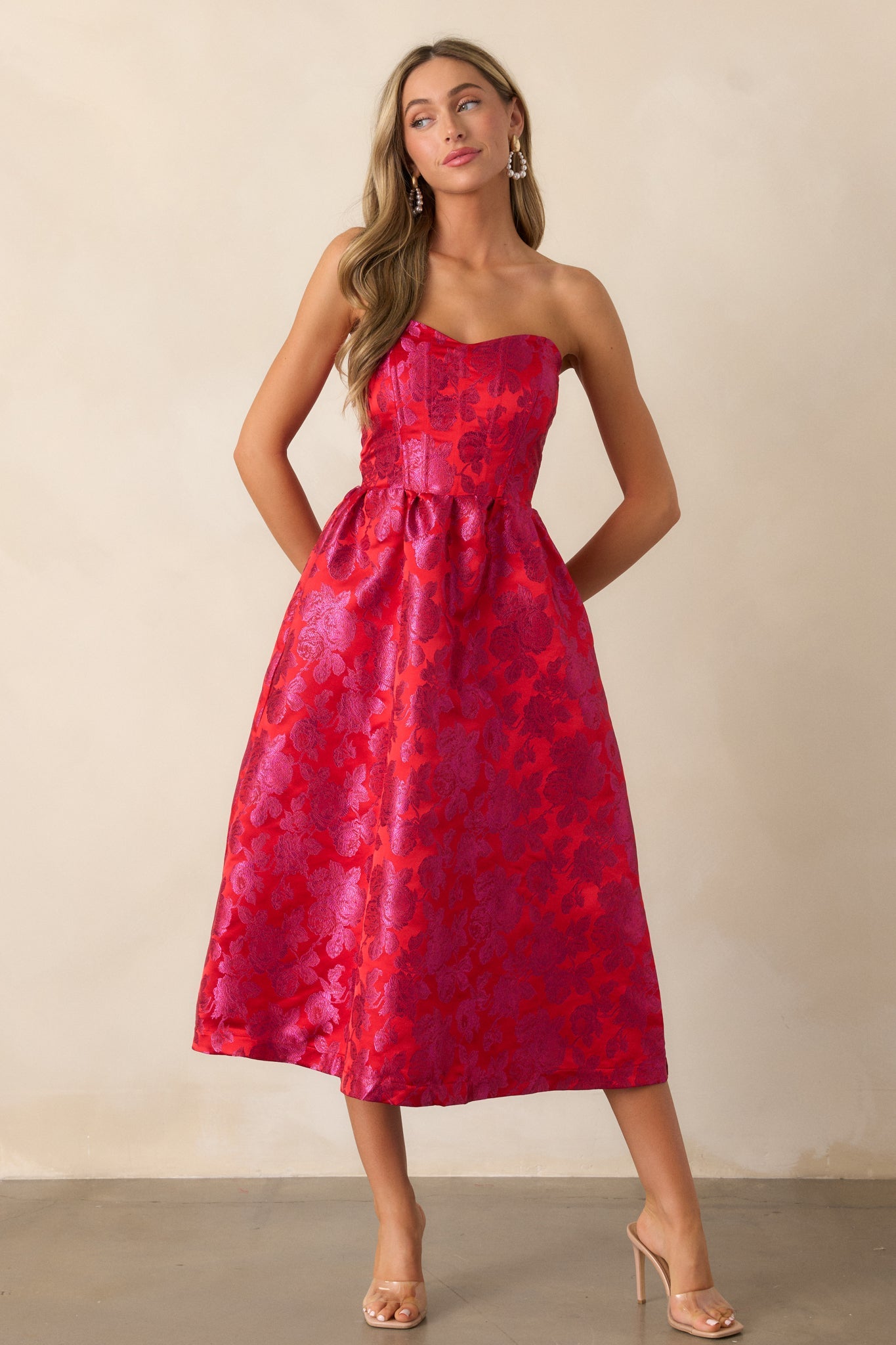 Midnight Magic Red & Pink Jacquard Midi Dress