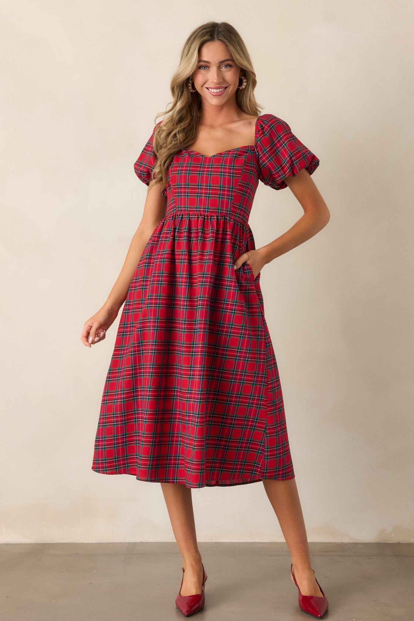 Always You 100% Cotton Red Plaid Puff Sleeve Midi Dress