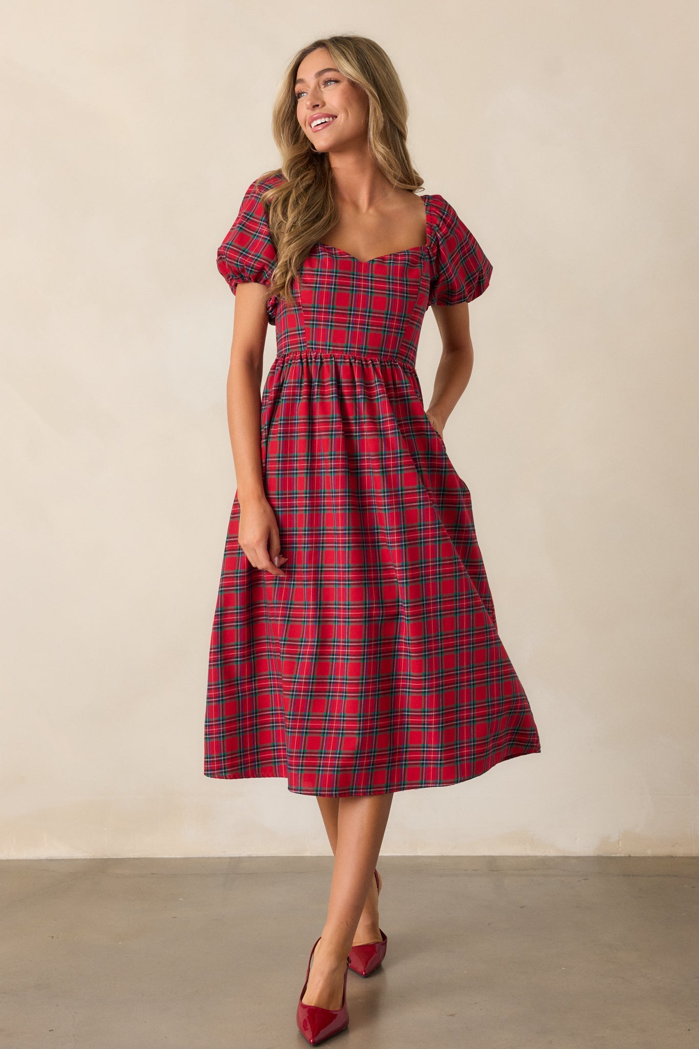Always You 100% Cotton Red Plaid Puff Sleeve Midi Dress