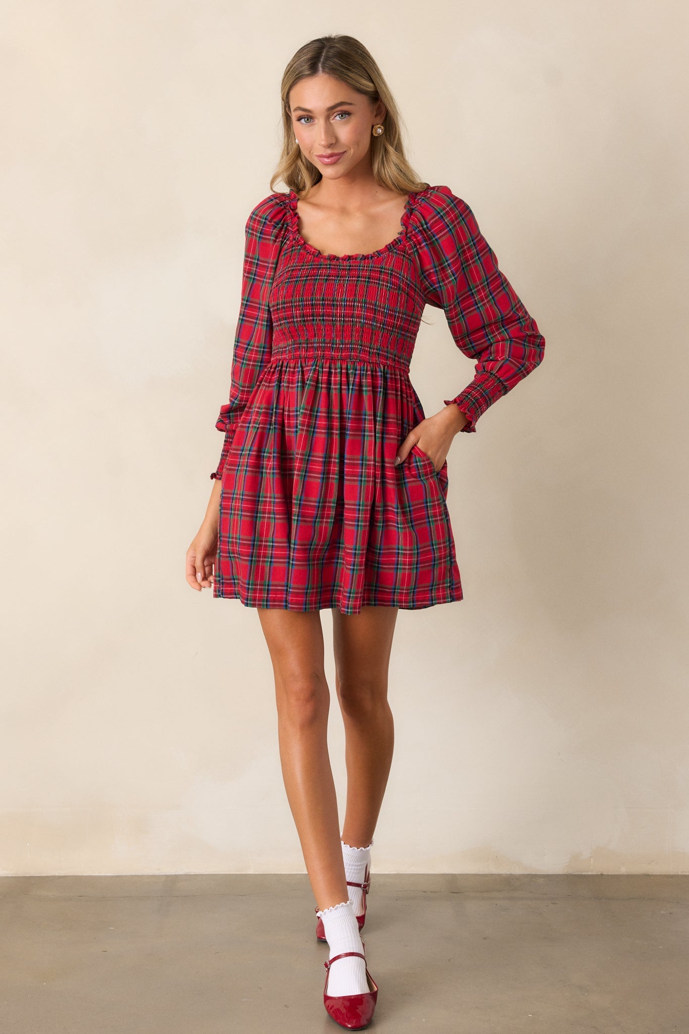Dance With Me 100% Cotton Red Plaid Long Sleeve Mini Dress