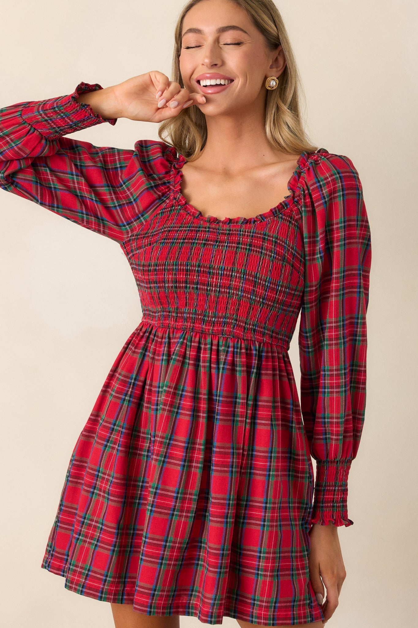 Dance With Me 100% Cotton Red Plaid Long Sleeve Mini Dress