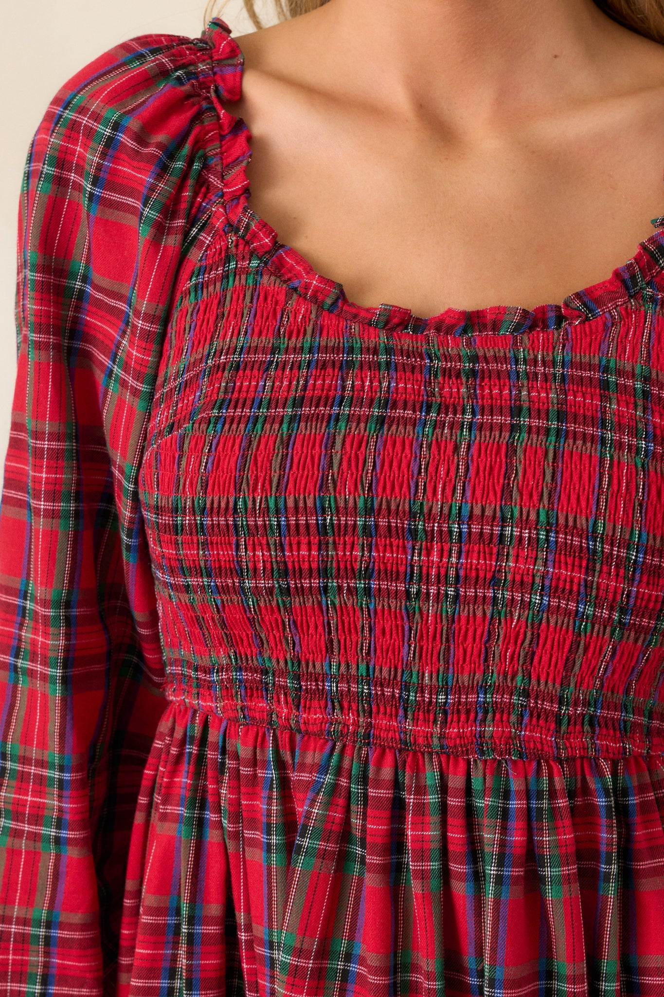 Dance With Me 100% Cotton Red Plaid Long Sleeve Mini Dress