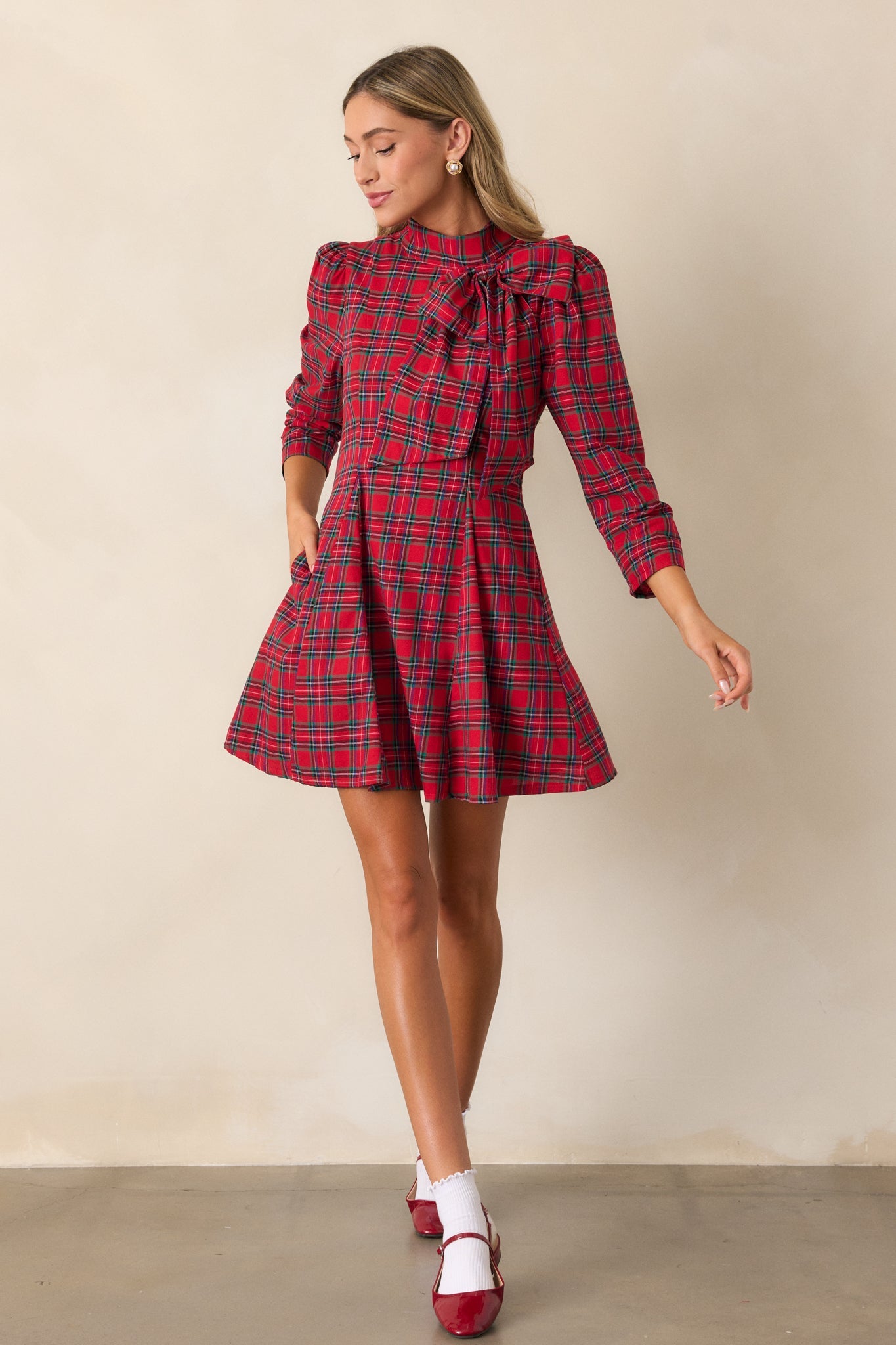 A Perfect Balance 100% Cotton Red Plaid Bow Mini Dress
