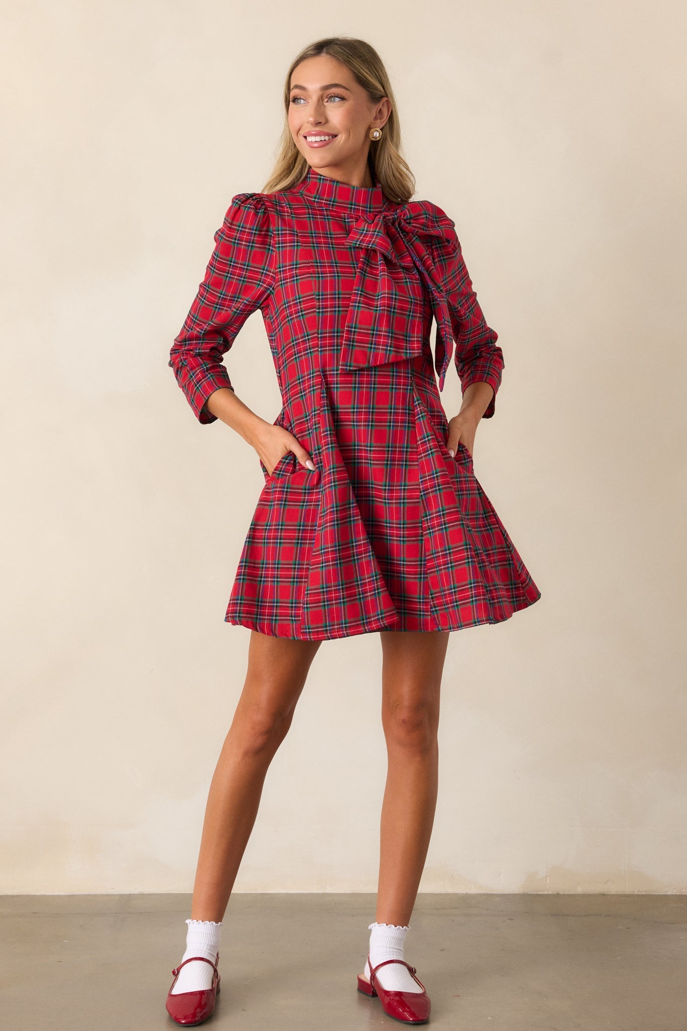 A Perfect Balance 100% Cotton Red Plaid Bow Mini Dress