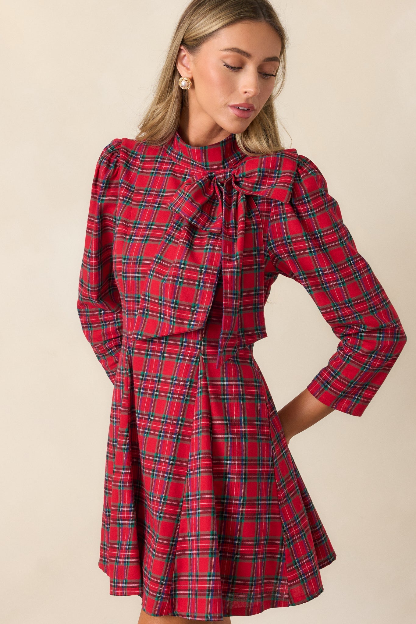 A Perfect Balance 100% Cotton Red Plaid Bow Mini Dress