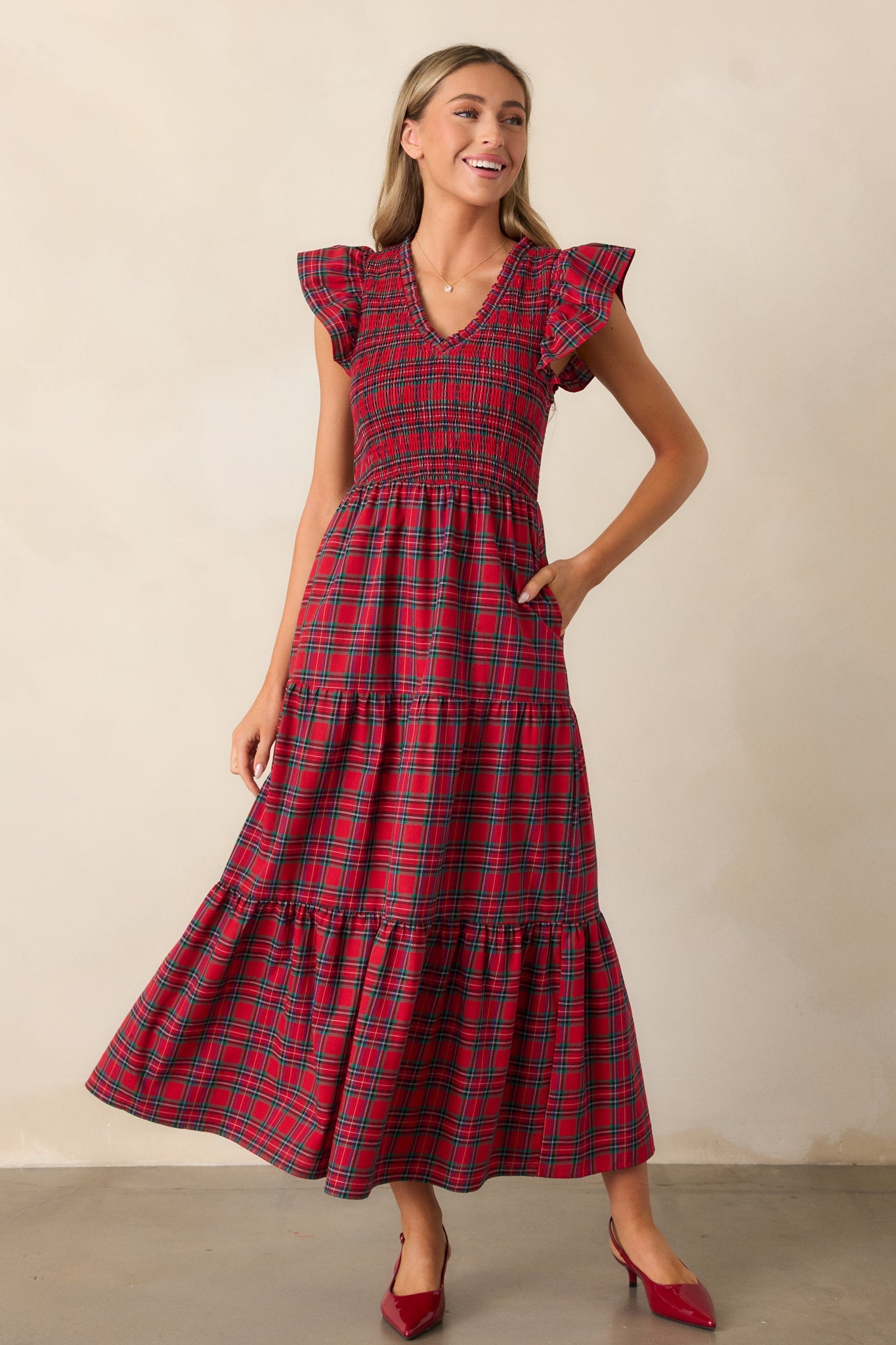 A Place To Be 100% Cotton Red Plaid Midi Dress