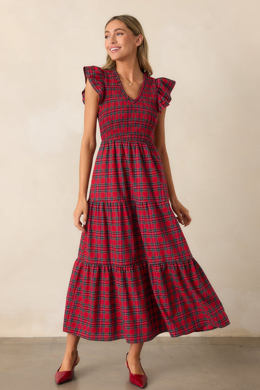 A Place To Be 100% Cotton Red Plaid Midi Dress