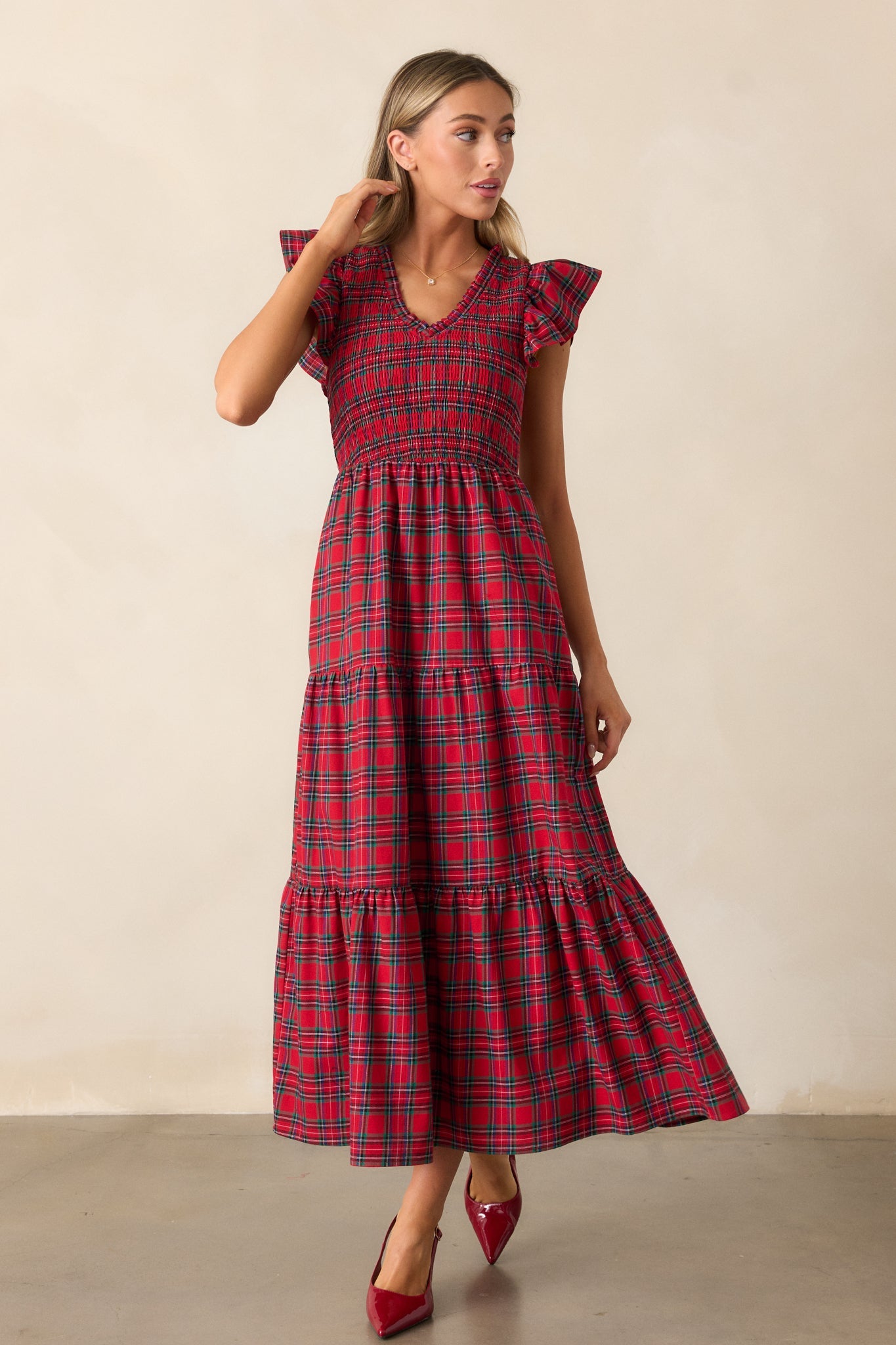 A Place To Be 100% Cotton Red Plaid Midi Dress