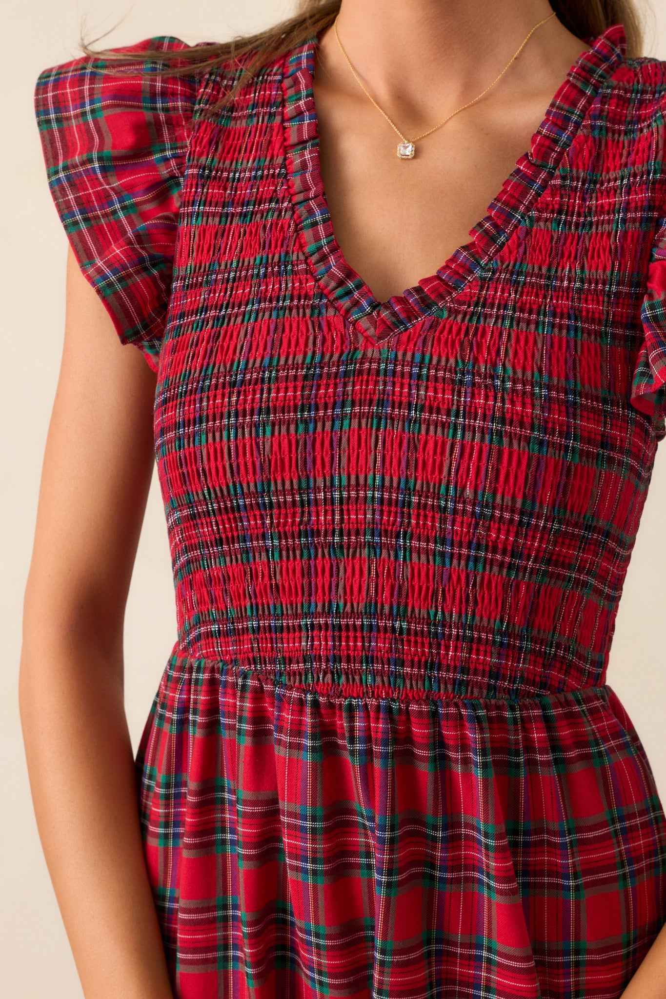 A Place To Be 100% Cotton Red Plaid Midi Dress