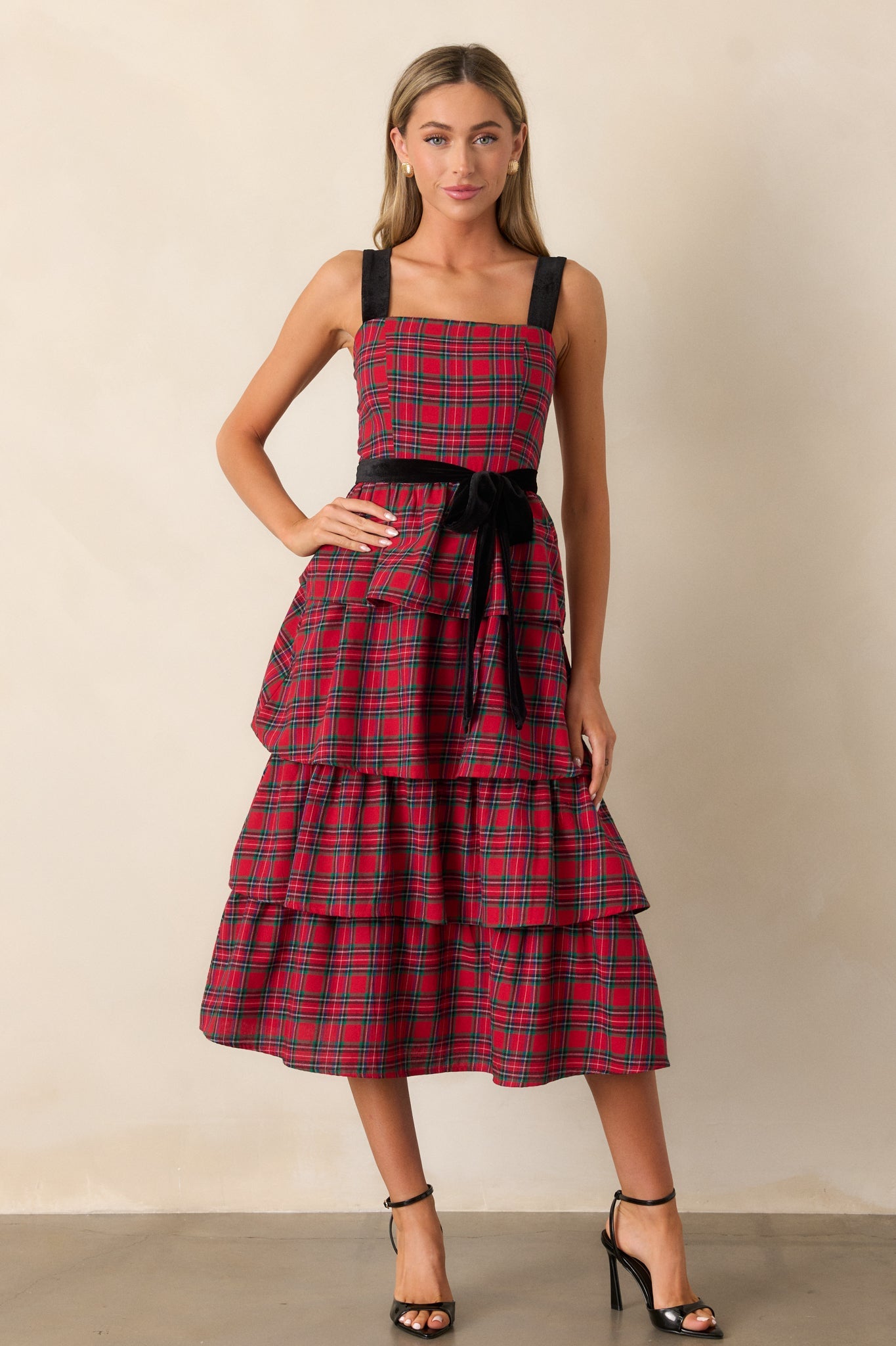 Elegance Defined 100% Cotton Red Plaid Tiered Midi Dress