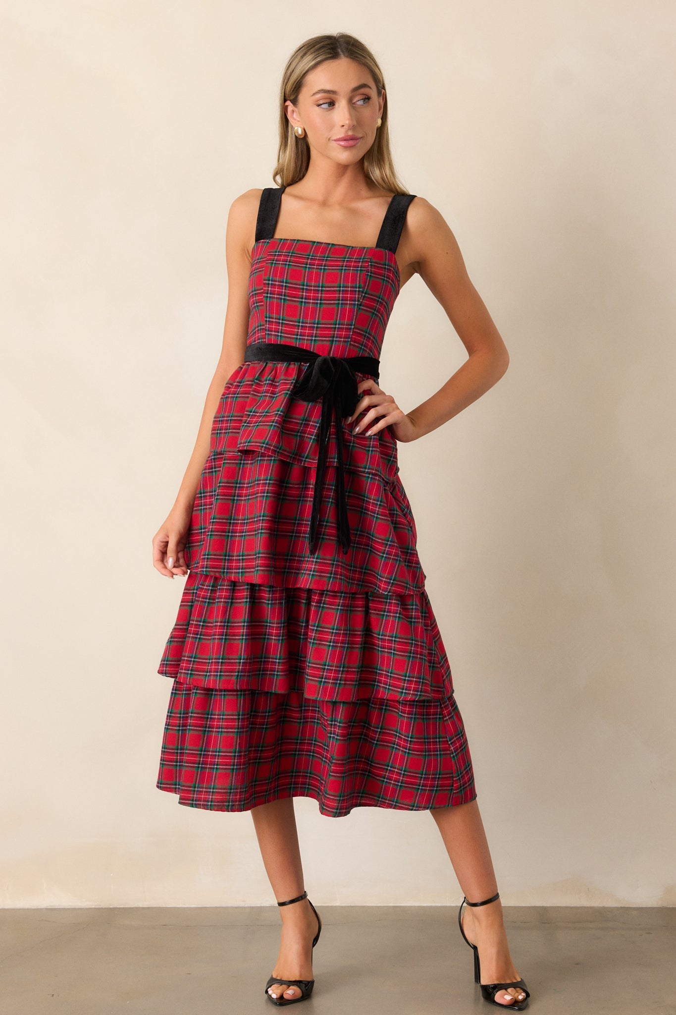 Elegance Defined 100% Cotton Red Plaid Tiered Midi Dress