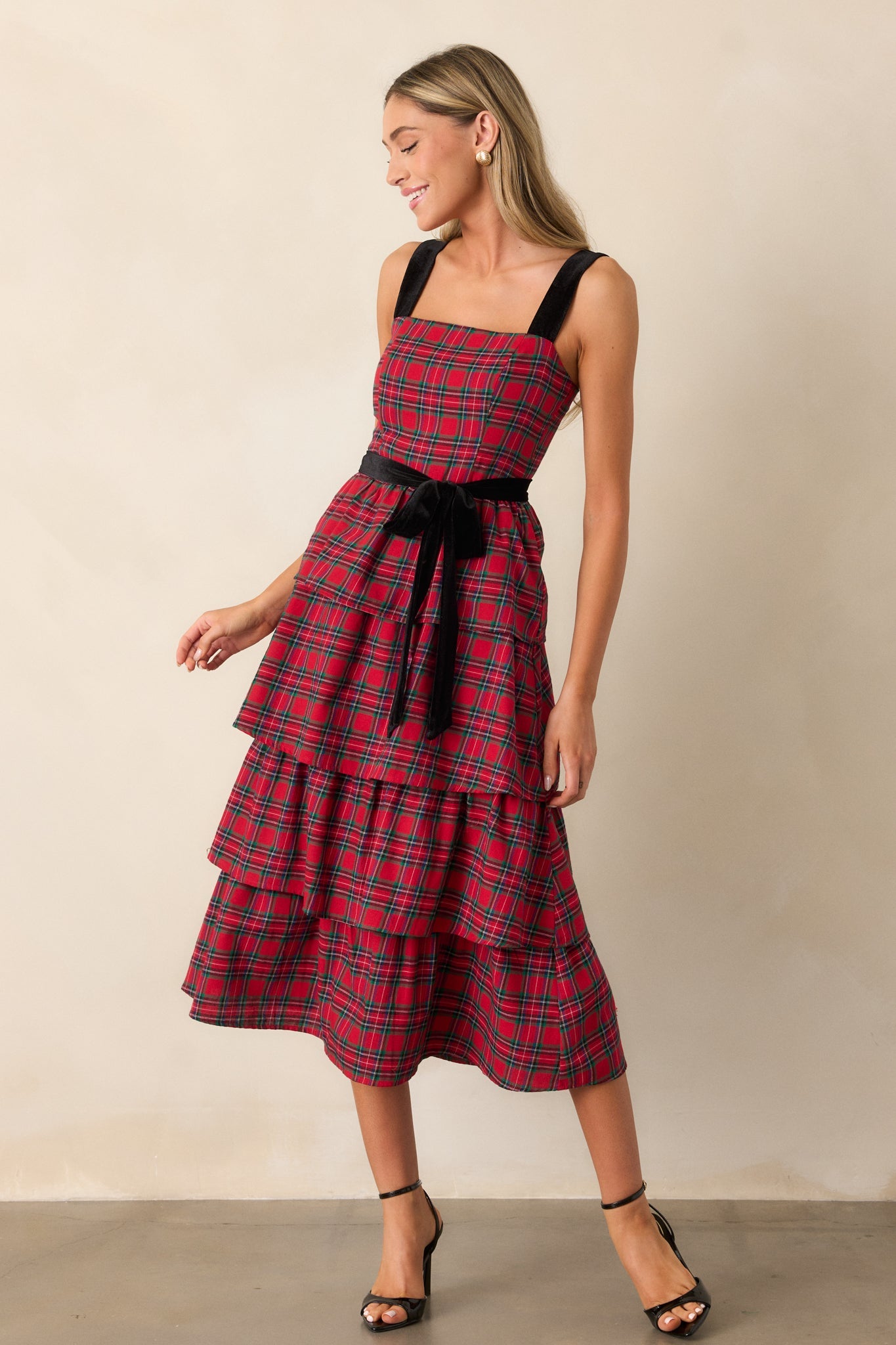 Elegance Defined 100% Cotton Red Plaid Tiered Midi Dress