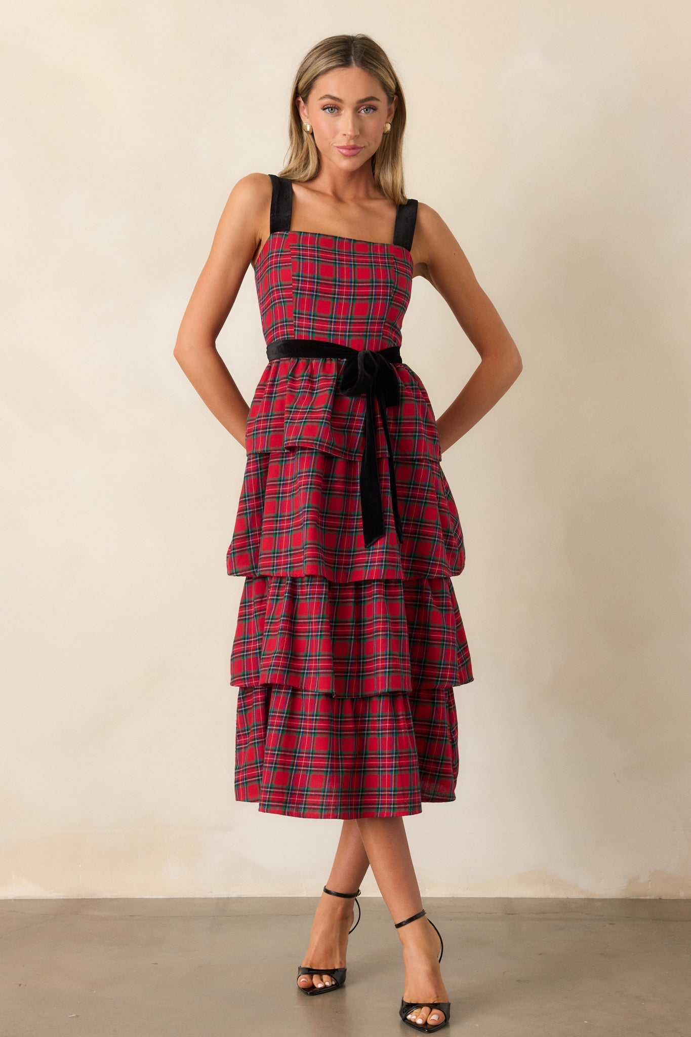 Elegance Defined 100% Cotton Red Plaid Tiered Midi Dress