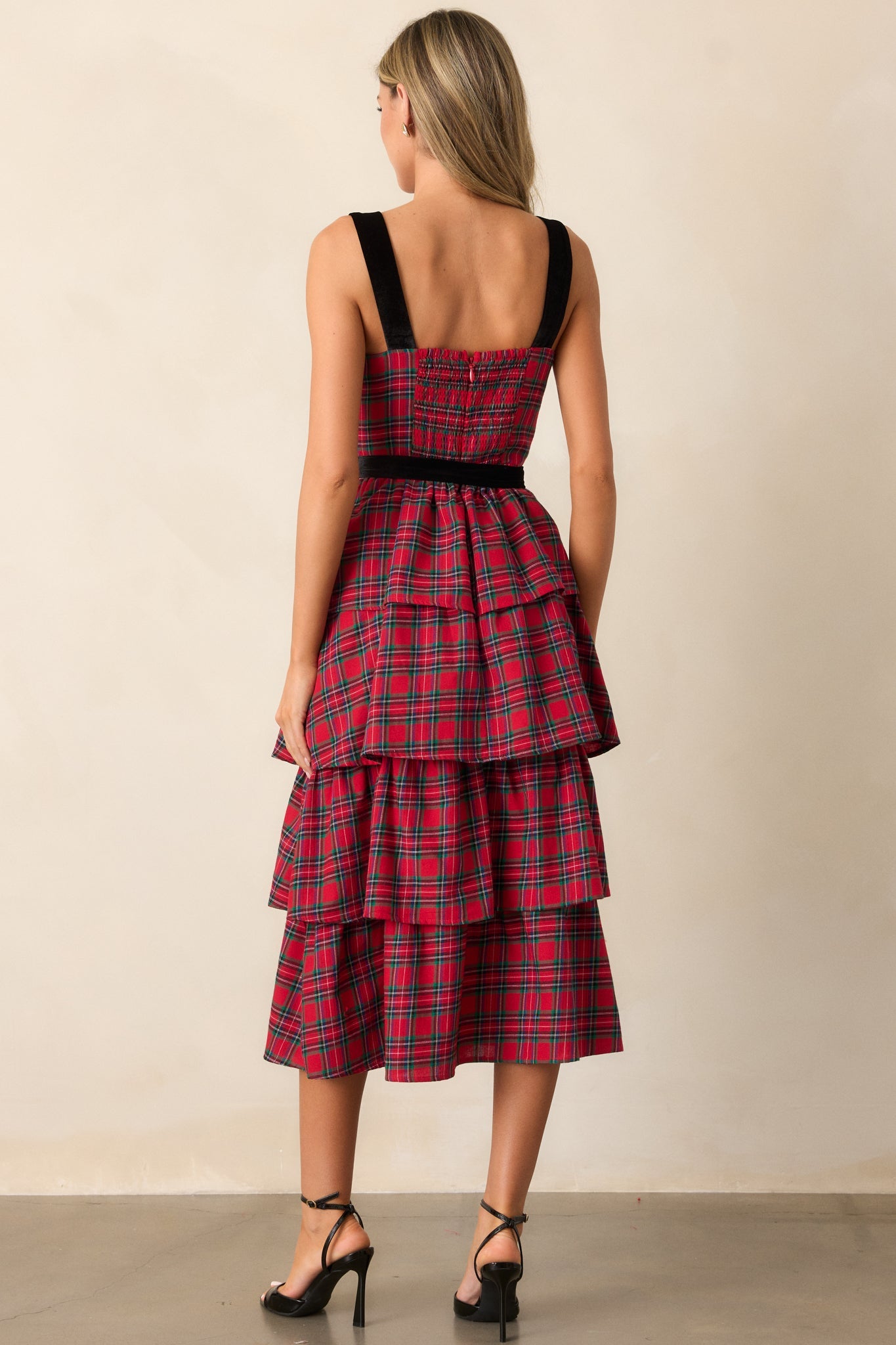 Elegance Defined 100% Cotton Red Plaid Tiered Midi Dress
