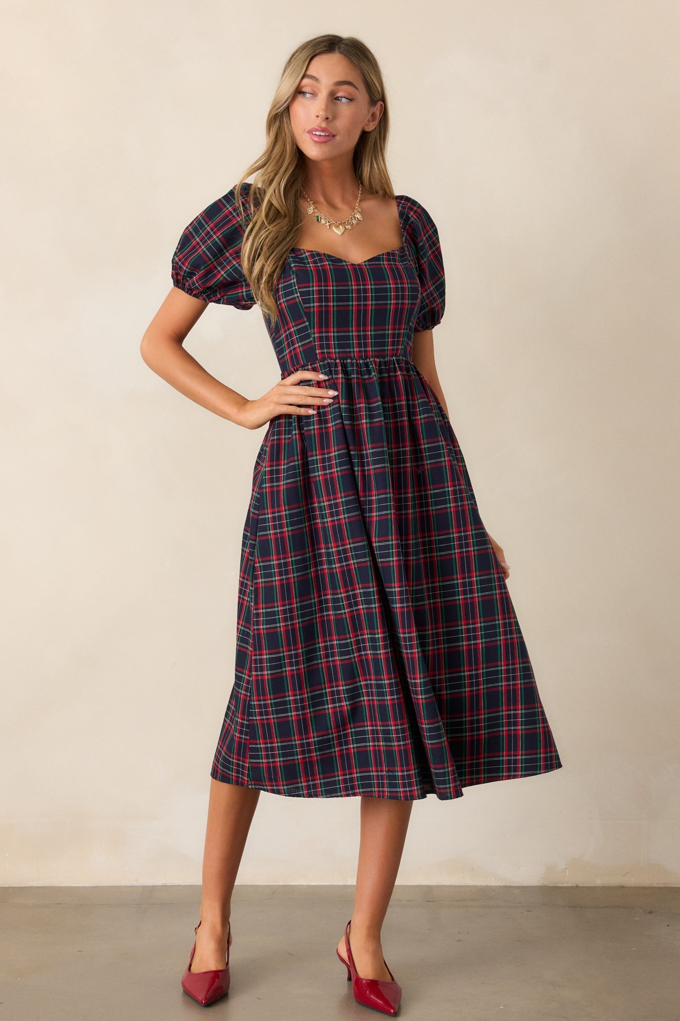 Always You 100% Cotton Navy Plaid Puff Sleeve Midi Dress