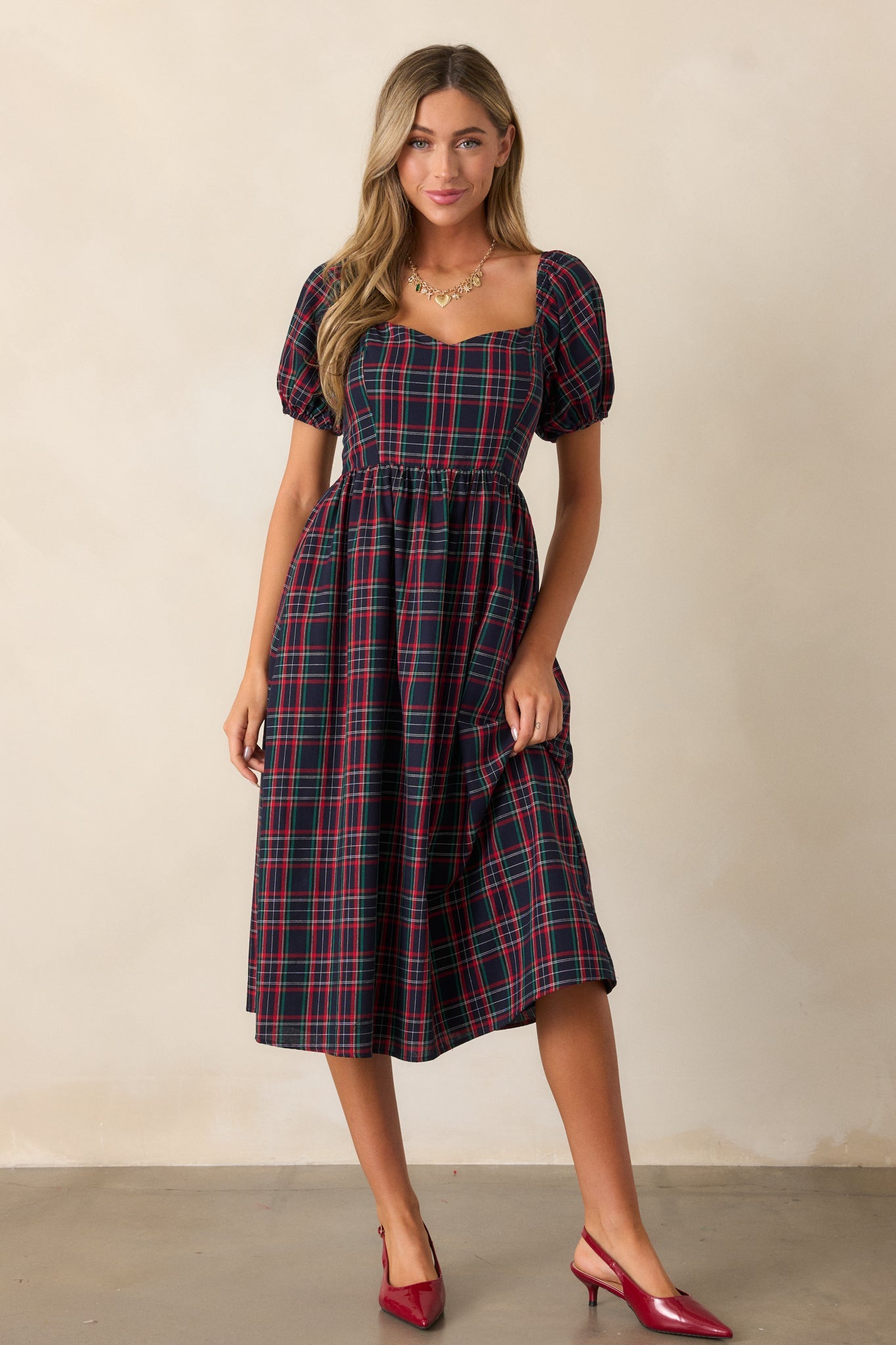 Always You 100% Cotton Navy Plaid Puff Sleeve Midi Dress