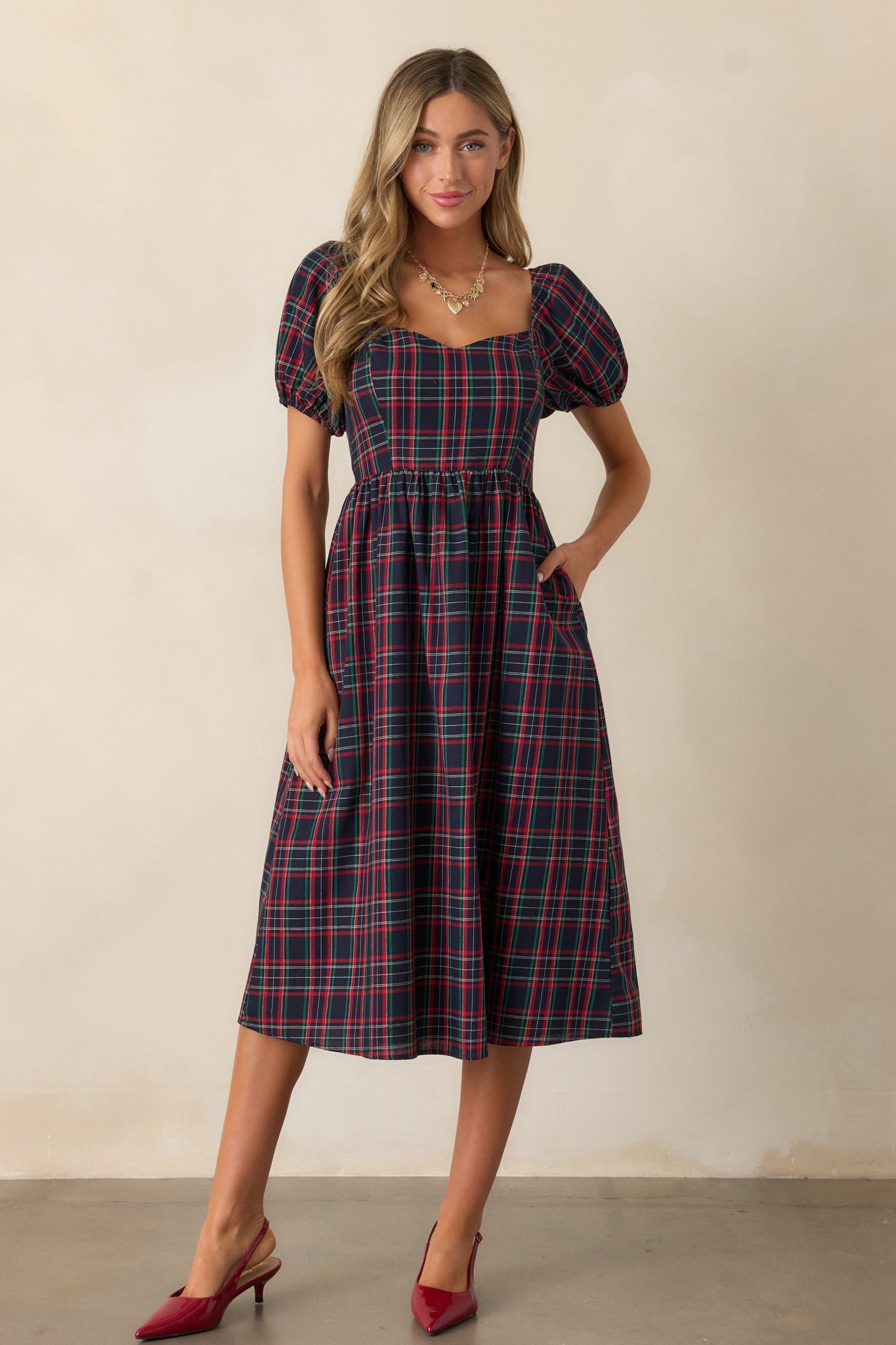 Always You 100% Cotton Navy Plaid Puff Sleeve Midi Dress