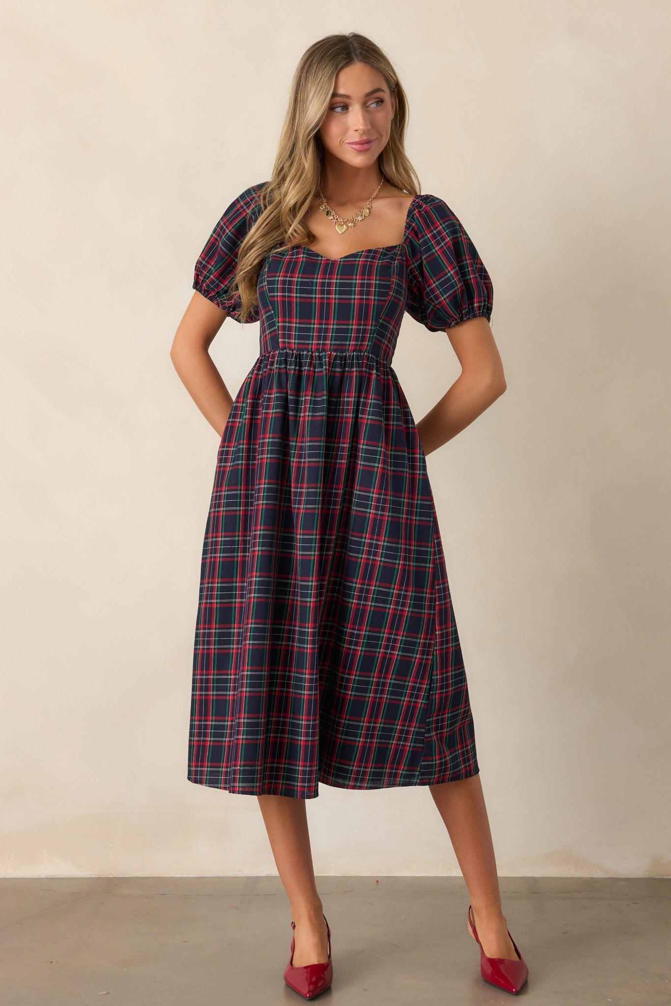 Always You 100% Cotton Navy Plaid Puff Sleeve Midi Dress