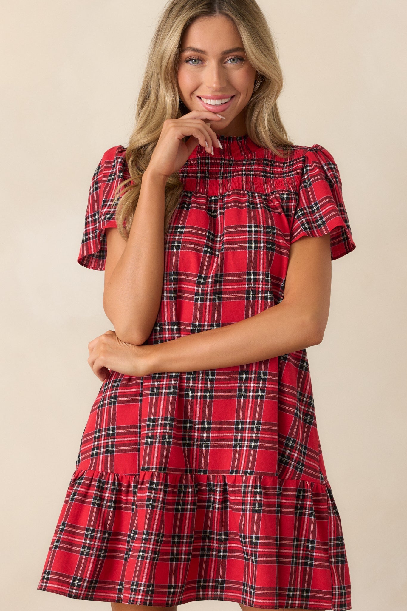 Candlelight Chats 100% Cotton Red Plaid Mock Neck Mini Dress