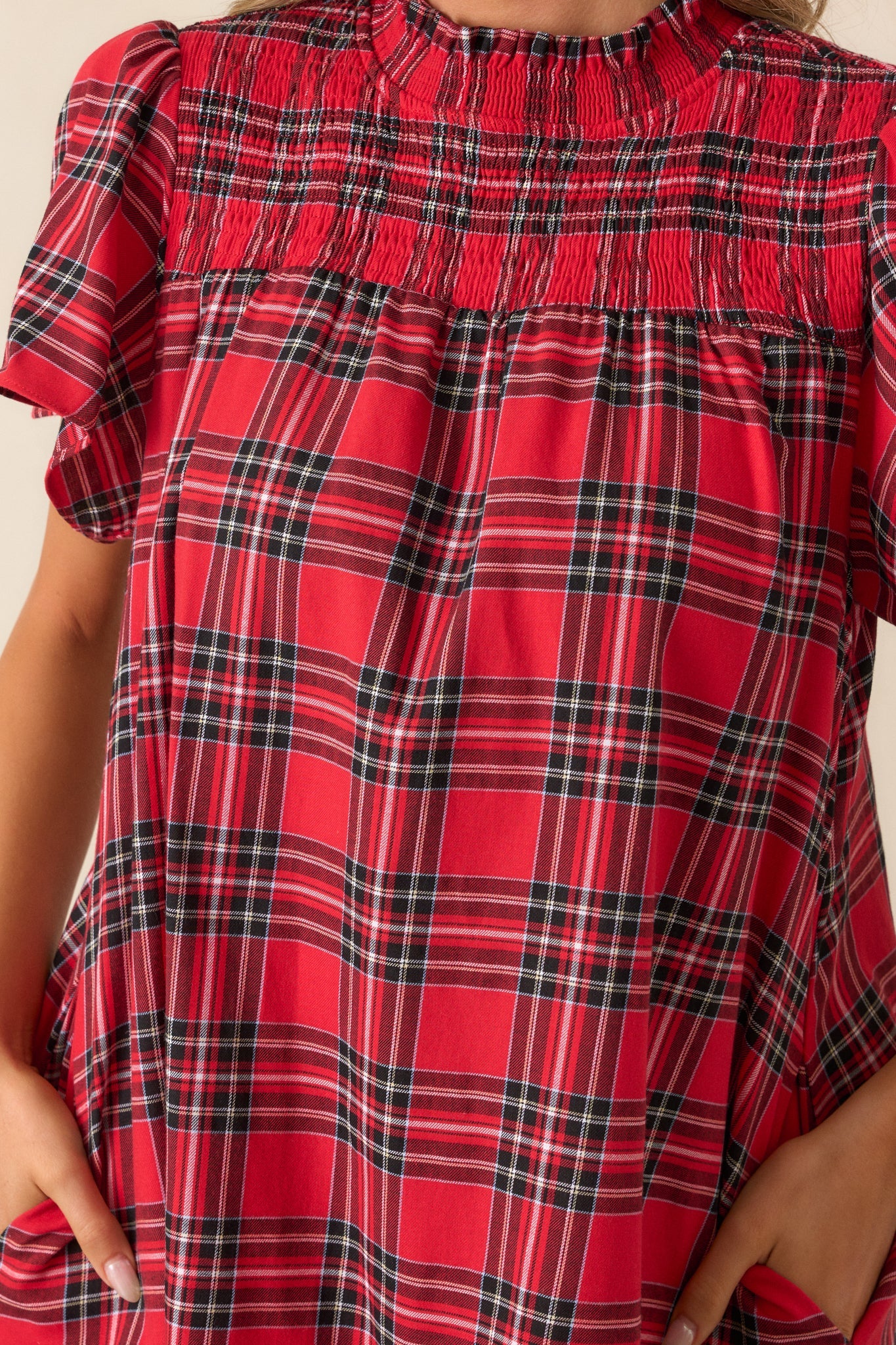 Candlelight Chats 100% Cotton Red Plaid Mock Neck Mini Dress