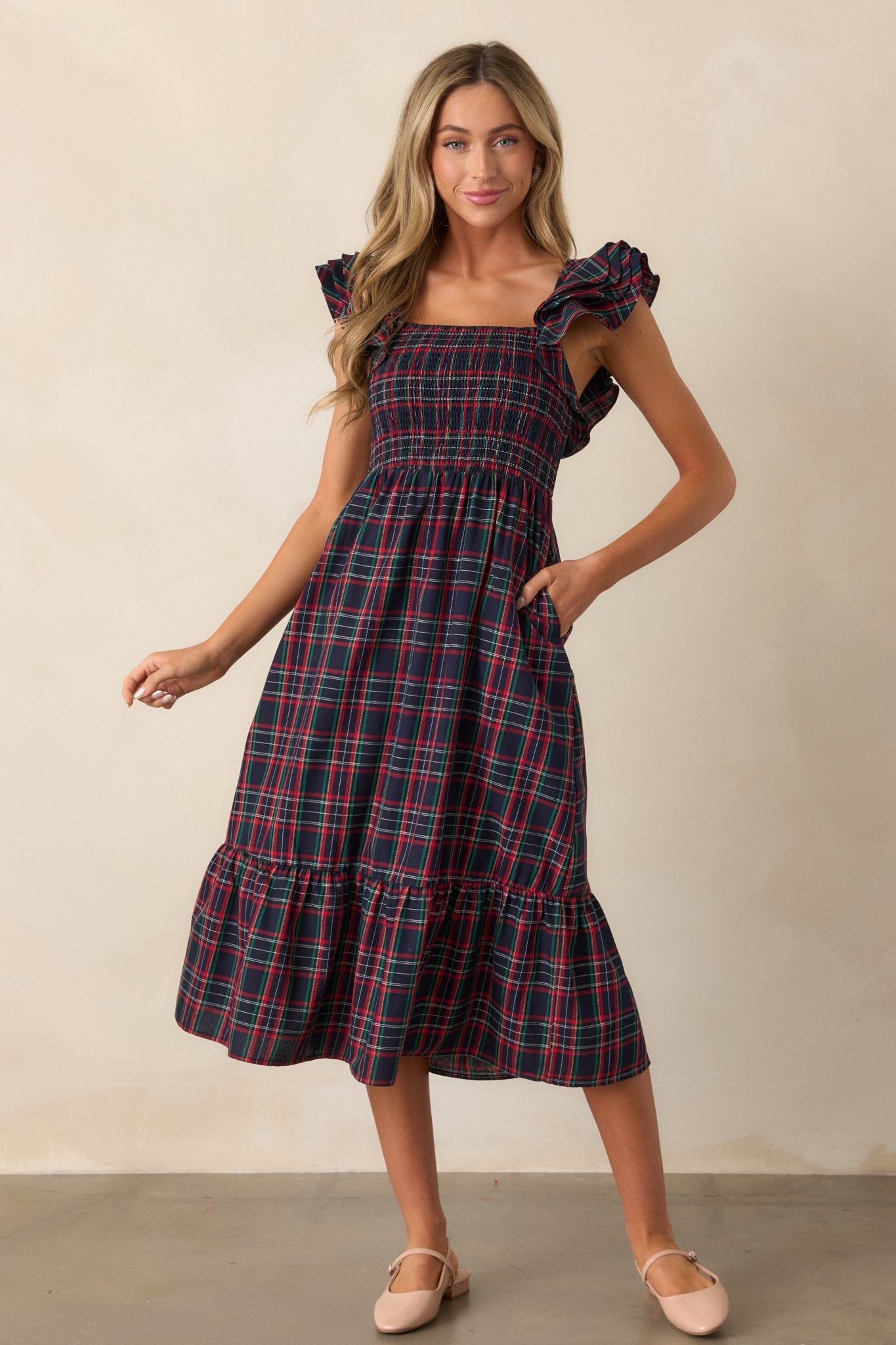Always Good 100% Cotton Navy Plaid Flutter Sleeve Midi Dress