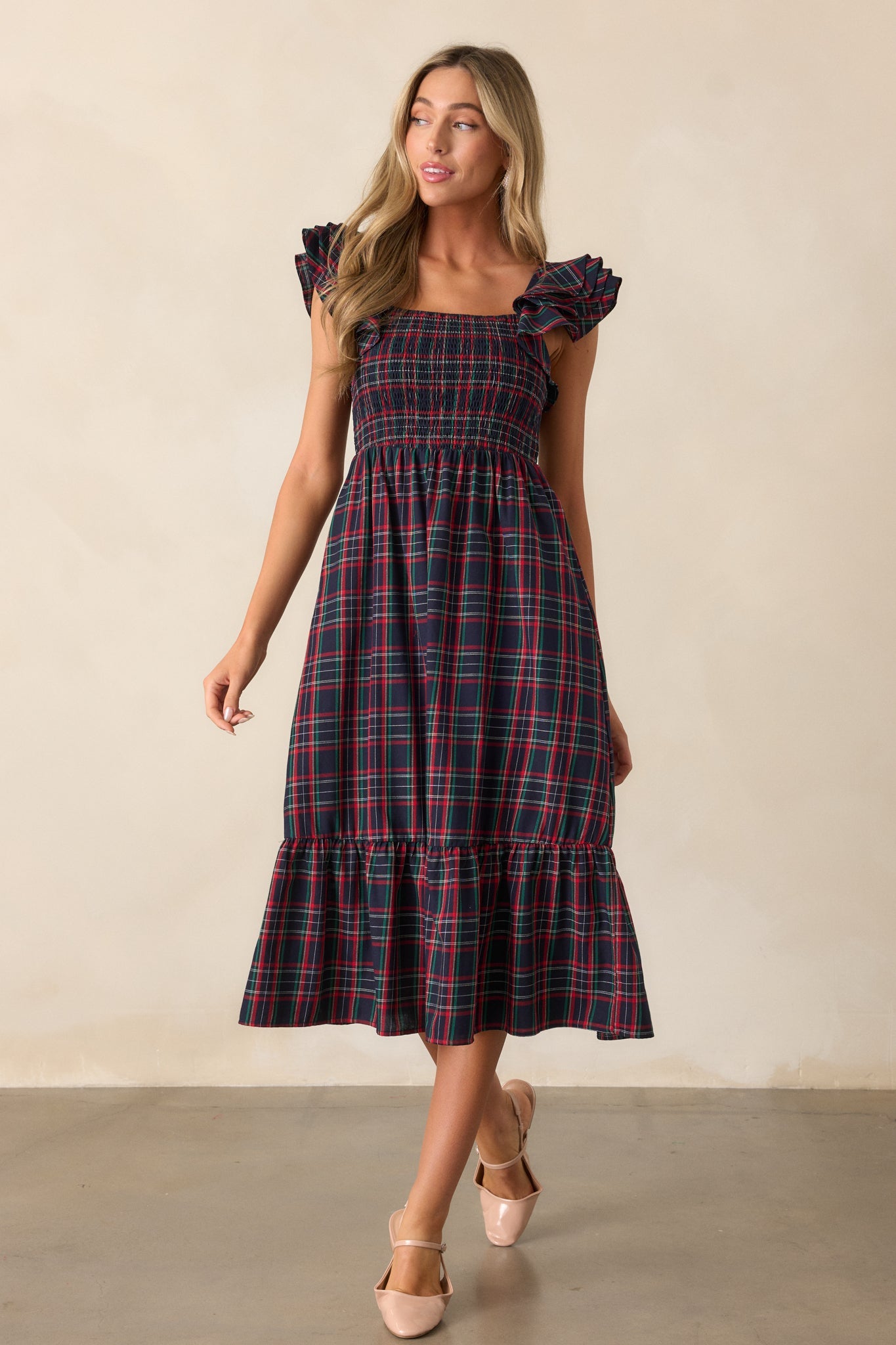 Always Good 100% Cotton Navy Plaid Flutter Sleeve Midi Dress