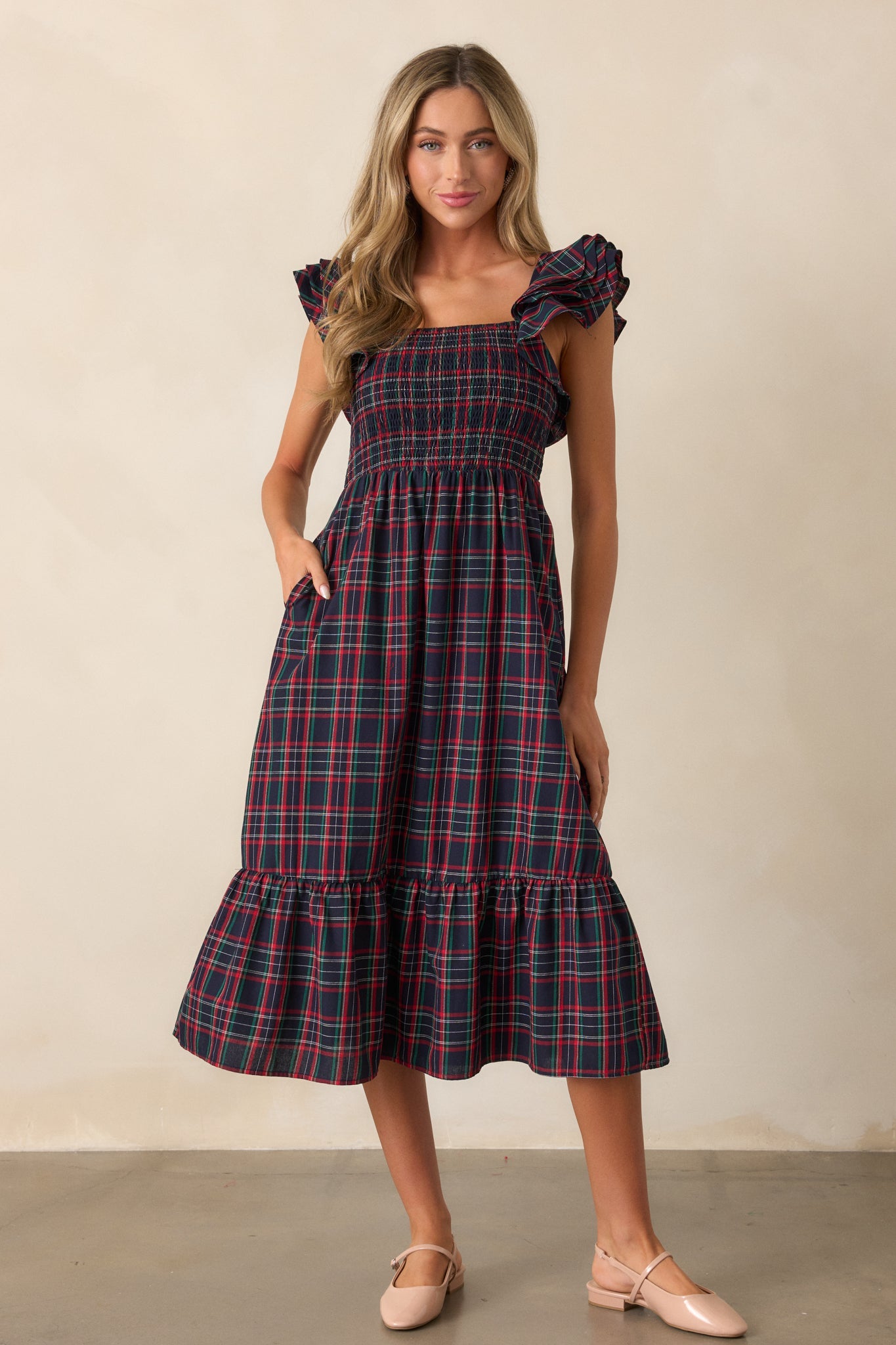 Always Good 100% Cotton Navy Plaid Flutter Sleeve Midi Dress