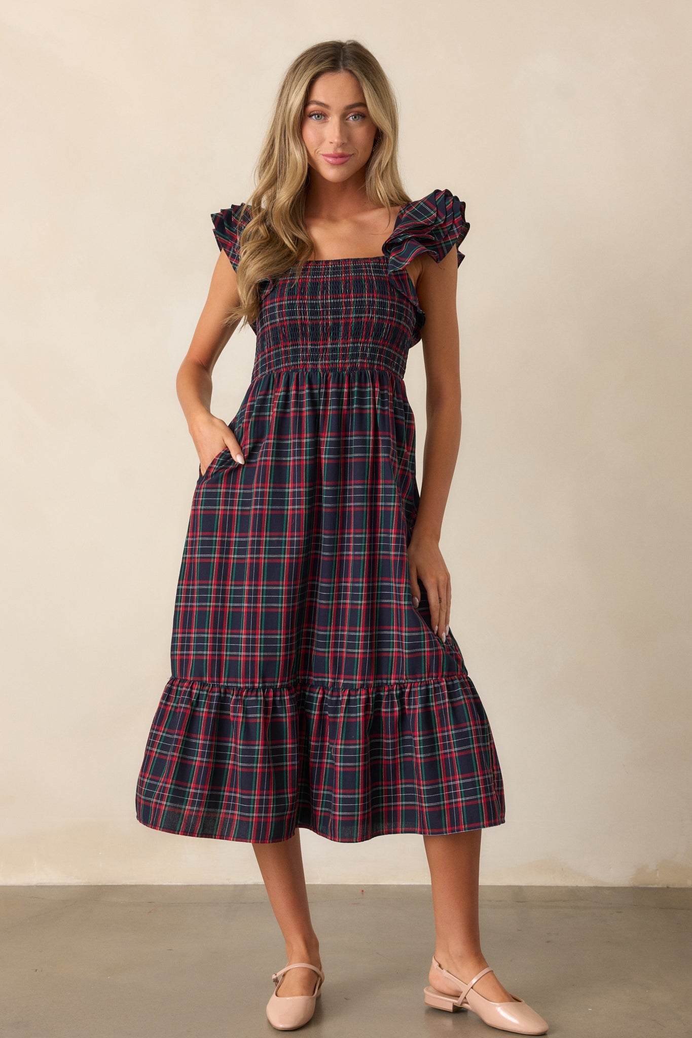Always Good 100% Cotton Navy Plaid Flutter Sleeve Midi Dress