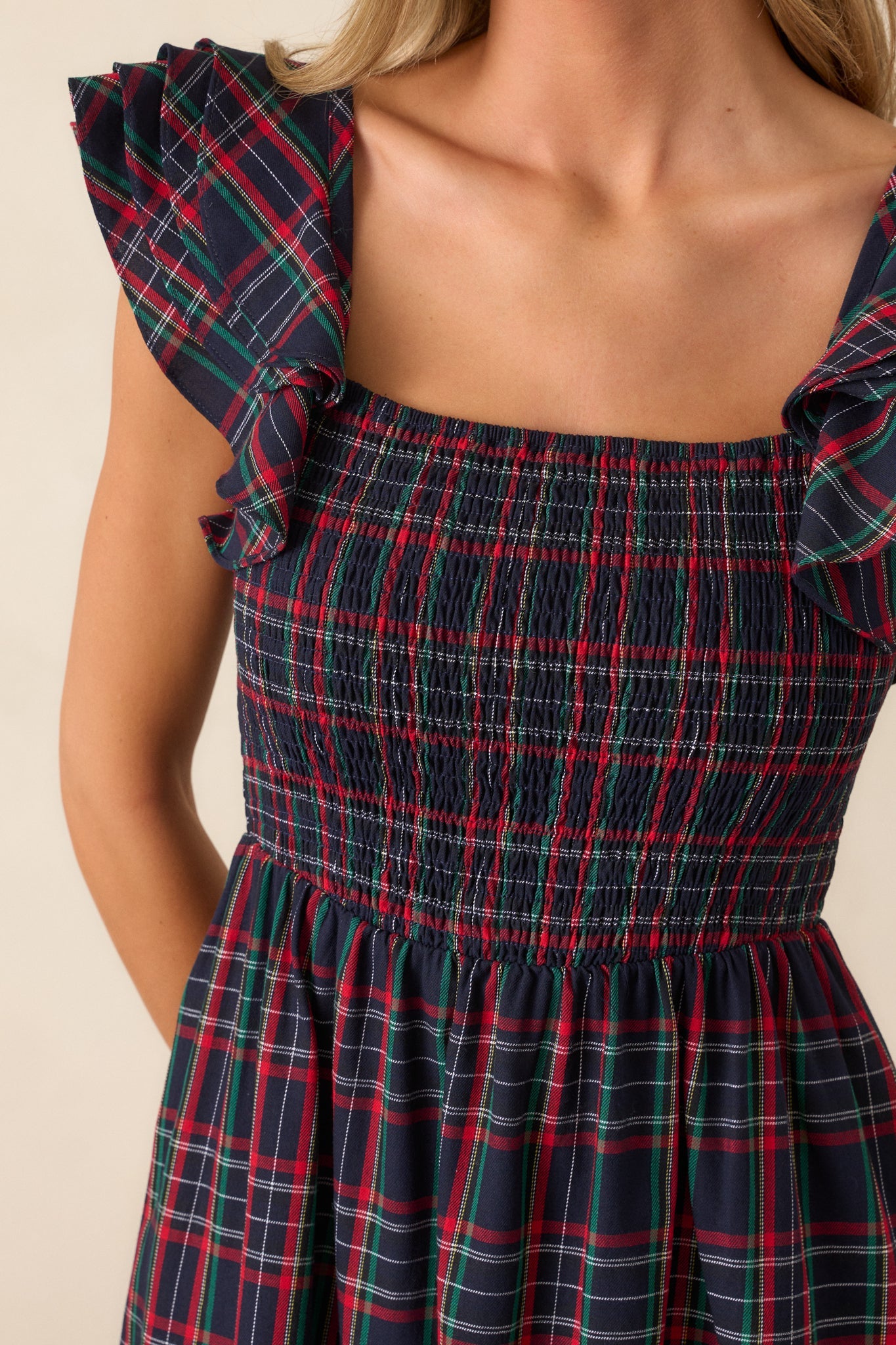 Always Good 100% Cotton Navy Plaid Flutter Sleeve Midi Dress